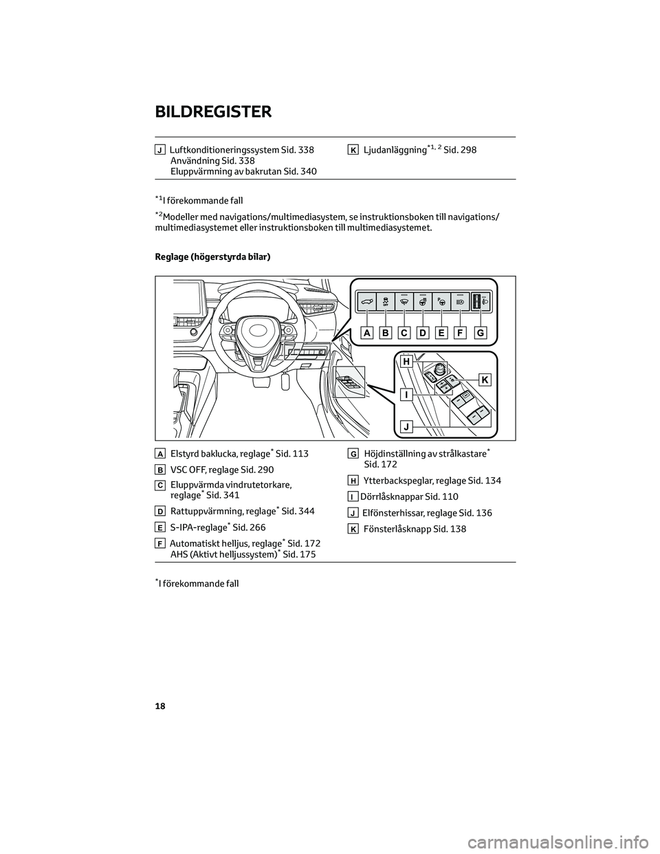 TOYOTA COROLLA HATCHBACK 2022 Bruksanvisningar (in Swedish) JLuftkonditioneringssystem Sid. 338
Användning Sid. 338
Eluppvärmning av bakrutan Sid. 340KLjudanläggning*1, 2Sid. 298
*1I förekommande fall
*2Modeller med navigations/multimediasystem, se instruk TOYOTA COROLLA HATCHBACK 2022 Bruksanvisningar (in Swedish) JLuftkonditioneringssystem Sid. 338
Användning Sid. 338
Eluppvärmning av bakrutan Sid. 340KLjudanläggning*1, 2Sid. 298
*1I förekommande fall
*2Modeller med navigations/multimediasystem, se instruk