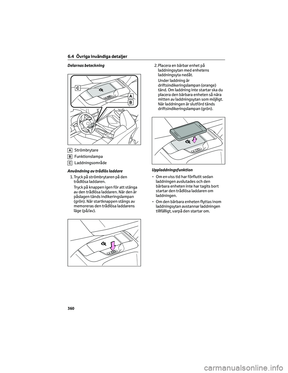 TOYOTA COROLLA HATCHBACK 2022  Bruksanvisningar (in Swedish) Delarnas beteckning
AStrömbrytare
BFunktionslampa
CLaddningsområde
Användning av trådlös laddare
1. Tryck på strömbrytaren på den
trådlösa laddaren.
Tryck på knappen igen för att stänga
a