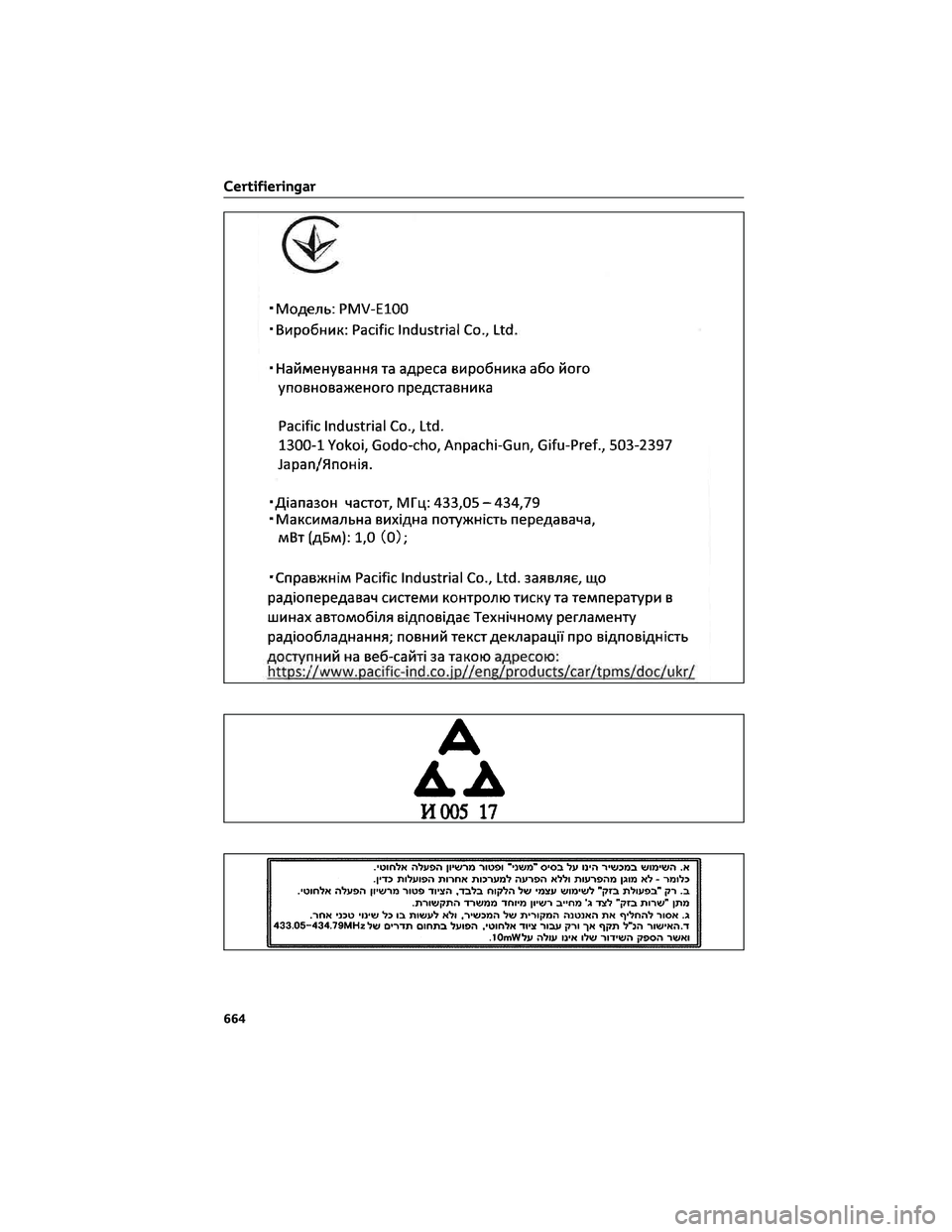 TOYOTA COROLLA HATCHBACK 2022 Bruksanvisningar (in Swedish) Certifieringar
664 TOYOTA COROLLA HATCHBACK 2022 Bruksanvisningar (in Swedish) Certifieringar
664