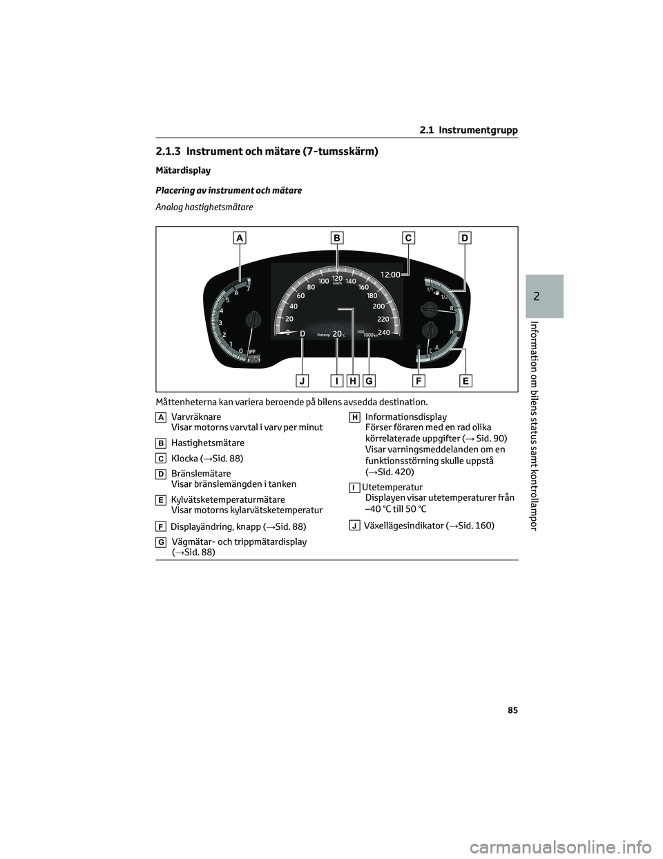 TOYOTA COROLLA HATCHBACK 2022  Bruksanvisningar (in Swedish) 2.1.3 Instrument och mätare (7-tumsskärm)
Mätardisplay
Placering av instrument och mätare
Analog hastighetsmätare
AVarvräknare
Visar motorns varvtal i varv per minut
BHastighetsmätare
CKlocka (