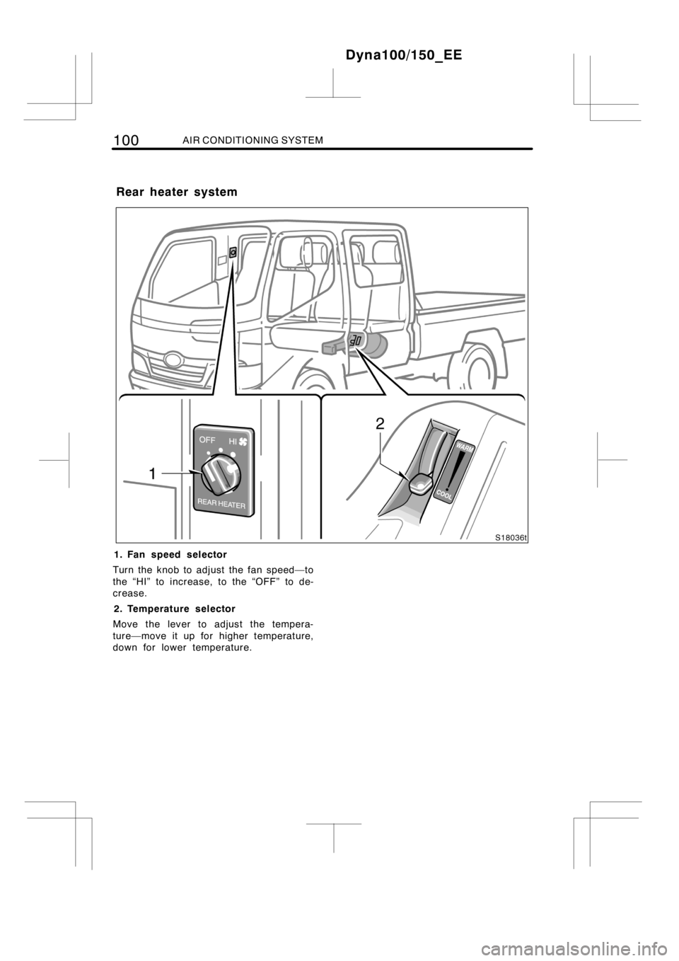 TOYOTA DYNA 100/150 2012  Owners Manual (in English) 100AIR CONDITIONING SYSTEM
1. Fan speed selector
Turn the knob to adjust the fan speed—to
the “HI” to increase, to the “OFF” to de-
crease.
2. Temperature selector
Move the lever to adjust t