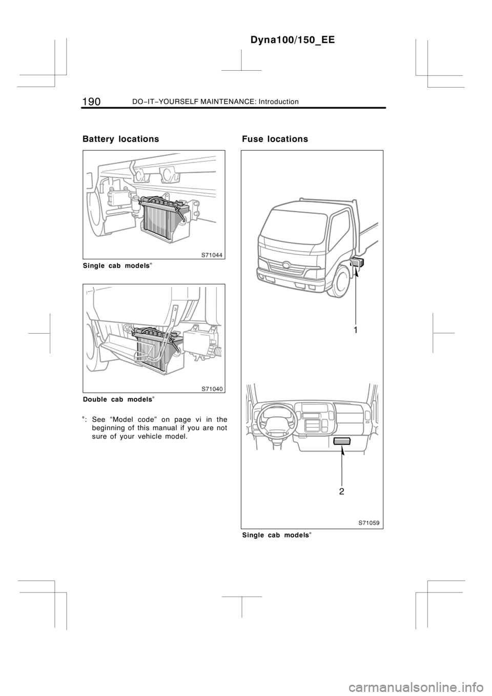 TOYOTA DYNA 100/150 2012  Owners Manual (in English) 190DO−IT−YOURSELF MAINTENANCE: Introduction
Single cab models
Double cab models
: See “Model code” on page vi in the
beginning of this manual if you are not
sure of your vehicle model.
Sing