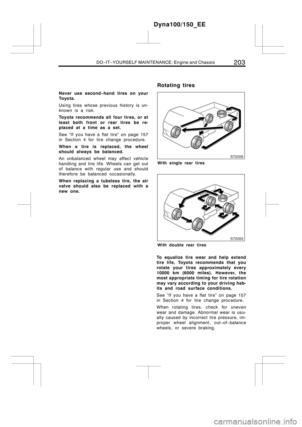 TOYOTA DYNA 100/150 2012 Owners Manual (in English) DO−IT−YOURSELF MAINTENANCE: Engine and Chassis203
Never use second−hand tires on your
To y o t a .
Using tires whose previous history is un-
known is a risk.
Toyota recommends all four tires, or TOYOTA DYNA 100/150 2012 Owners Manual (in English) DO−IT−YOURSELF MAINTENANCE: Engine and Chassis203
Never use second−hand tires on your
To y o t a .
Using tires whose previous history is un-
known is a risk.
Toyota recommends all four tires, or