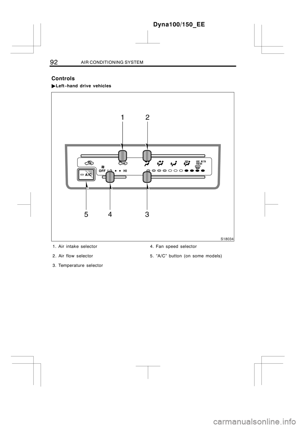 TOYOTA DYNA 100/150 2012 Owners Manual (in English) 92AIR CONDITIONING SYSTEM
1. Air intake selector
2. Air flow selector
3. Temperature selector4. Fan speed selector
5. “A/C” button (on some models)
Dyna100/150_EE
Controls
"Left−hand drive vehic TOYOTA DYNA 100/150 2012 Owners Manual (in English) 92AIR CONDITIONING SYSTEM
1. Air intake selector
2. Air flow selector
3. Temperature selector4. Fan speed selector
5. “A/C” button (on some models)
Dyna100/150_EE
Controls
"Left−hand drive vehic