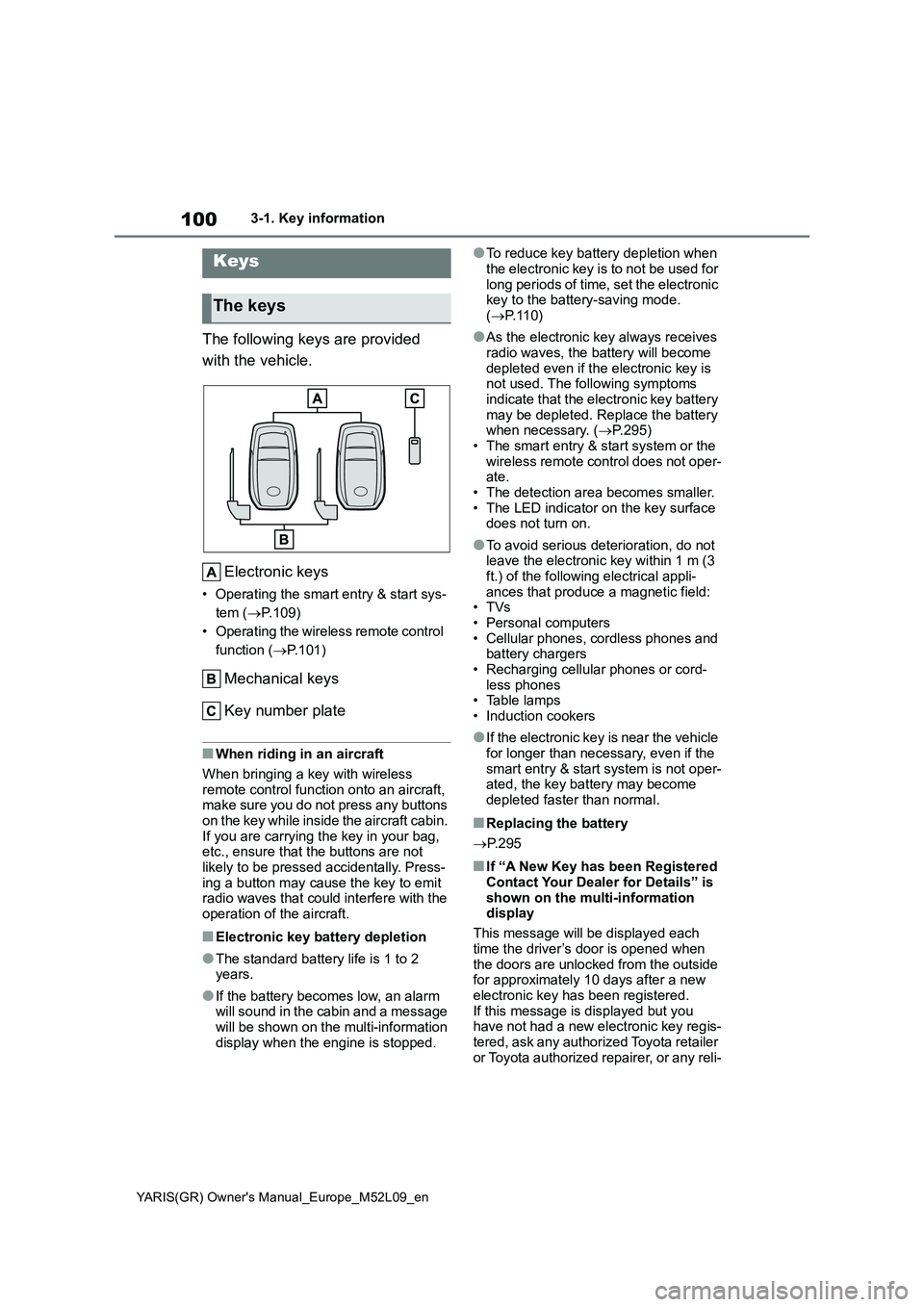 TOYOTA GR YARIS 2020  Owners Manual (in English) 100
YARIS(GR) Owners Manual_Europe_M52L09_en
3-1. Key information
3-1.Key info rmation
The following keys are provided 
with the vehicle.
Electronic keys
• Operating the smart entry & start sys-
te