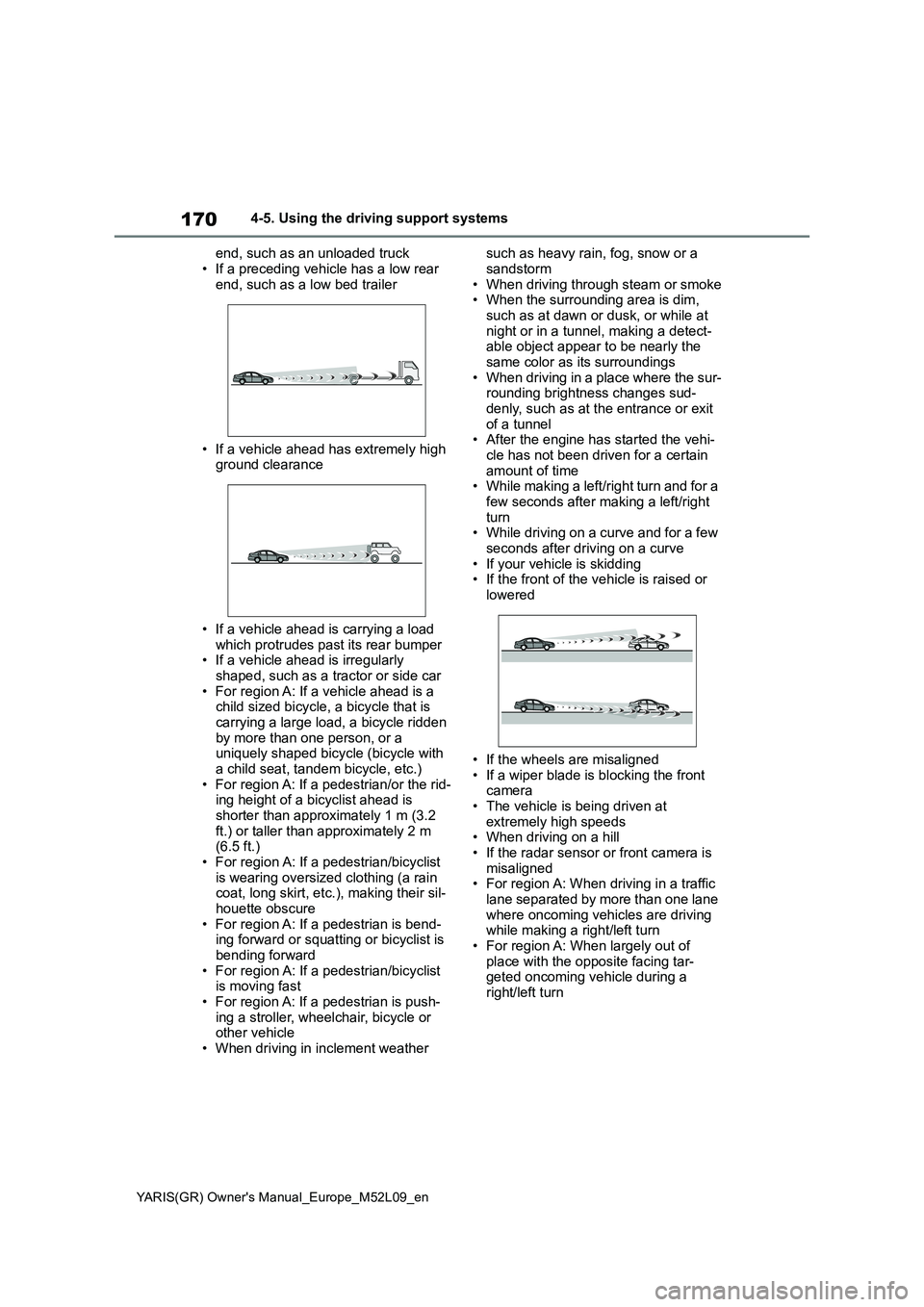 TOYOTA GR YARIS 2020  Owners Manual (in English) 170
YARIS(GR) Owners Manual_Europe_M52L09_en
4-5. Using the driving support systems
end, such as an unloaded truck
• If a preceding vehicle has a low rear 
end, such as a low bed trailer
• If a v