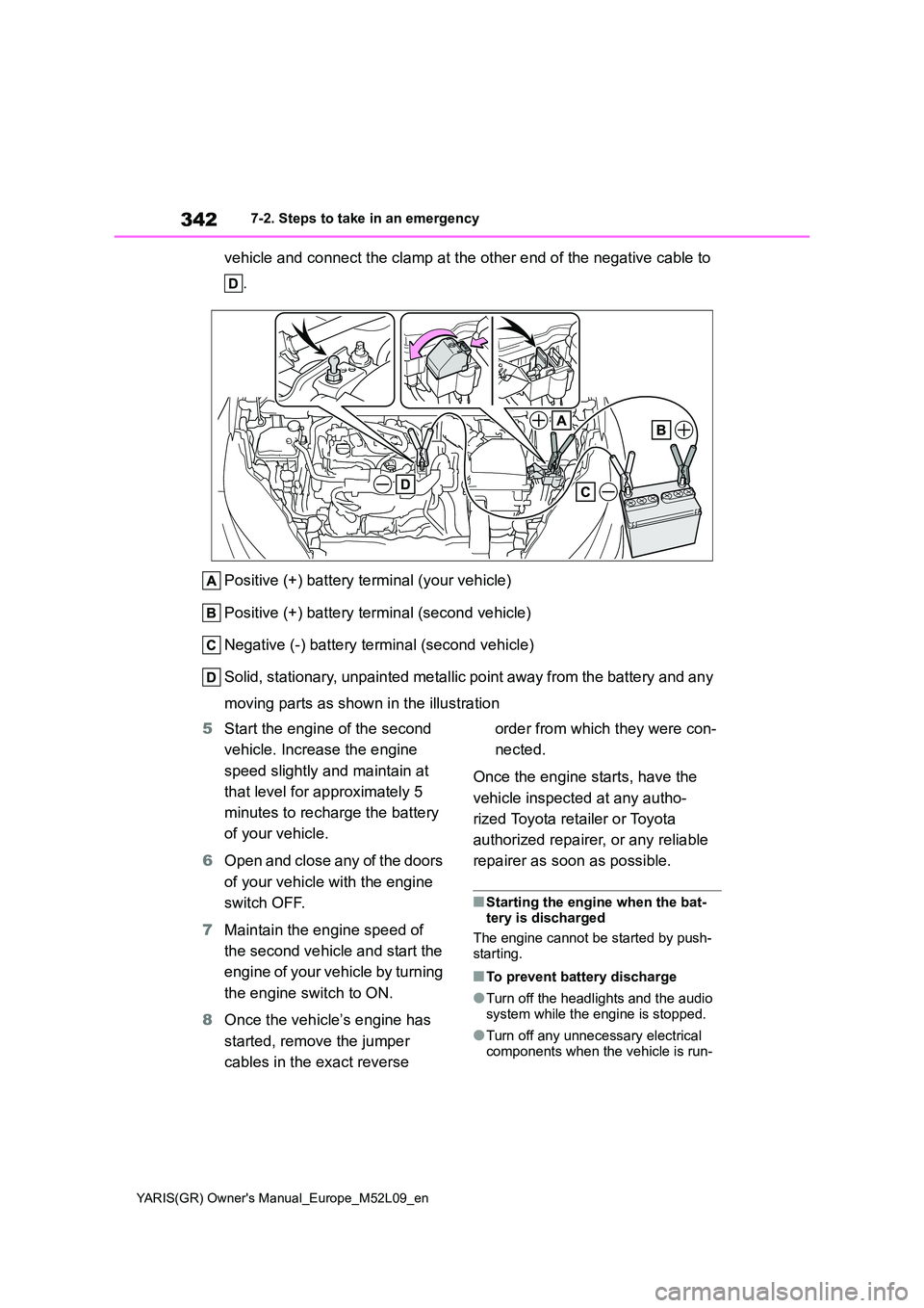 TOYOTA GR YARIS 2020  Owners Manual (in English) 342
YARIS(GR) Owners Manual_Europe_M52L09_en
7-2. Steps to take in an emergency
vehicle and connect the clamp at the other end of the negative cable to  
. 
Positive (+) battery terminal (your vehicl