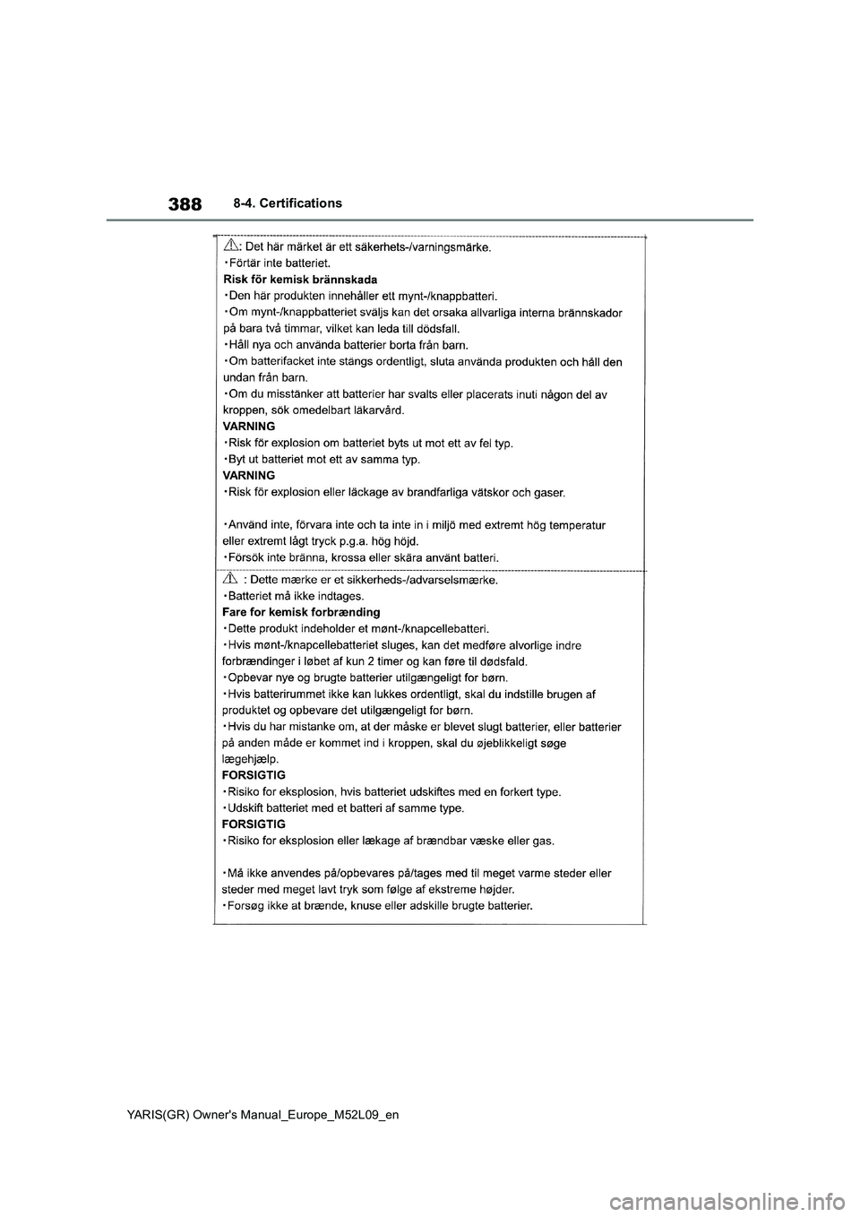 TOYOTA GR YARIS 2020 Owners Manual (in English) 388
YARIS(GR) Owners Manual_Europe_M52L09_en
8-4. Certifications TOYOTA GR YARIS 2020 Owners Manual (in English) 388
YARIS(GR) Owners Manual_Europe_M52L09_en
8-4. Certifications