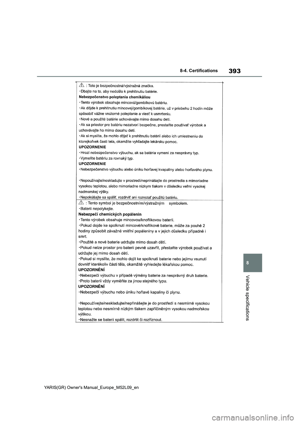 TOYOTA GR YARIS 2020 Owners Manual (in English) 393
8
YARIS(GR) Owners Manual_Europe_M52L09_en
8-4. Certifications
Vehicle specifications TOYOTA GR YARIS 2020 Owners Manual (in English) 393
8
YARIS(GR) Owners Manual_Europe_M52L09_en
8-4. Certifications
Vehicle specifications