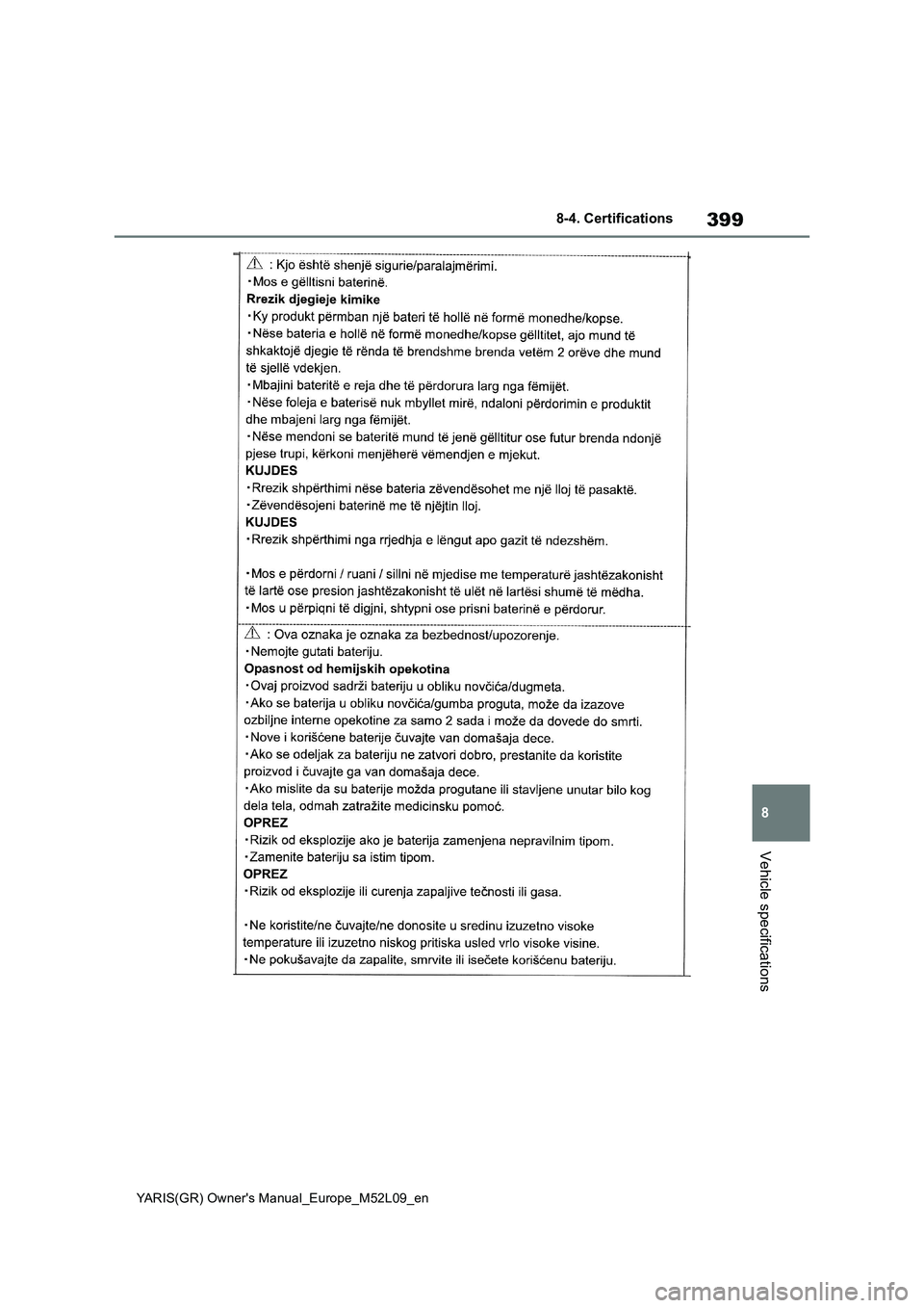 TOYOTA GR YARIS 2020 Owners Manual (in English) 399
8
YARIS(GR) Owners Manual_Europe_M52L09_en
8-4. Certifications
Vehicle specifications TOYOTA GR YARIS 2020 Owners Manual (in English) 399
8
YARIS(GR) Owners Manual_Europe_M52L09_en
8-4. Certifications
Vehicle specifications