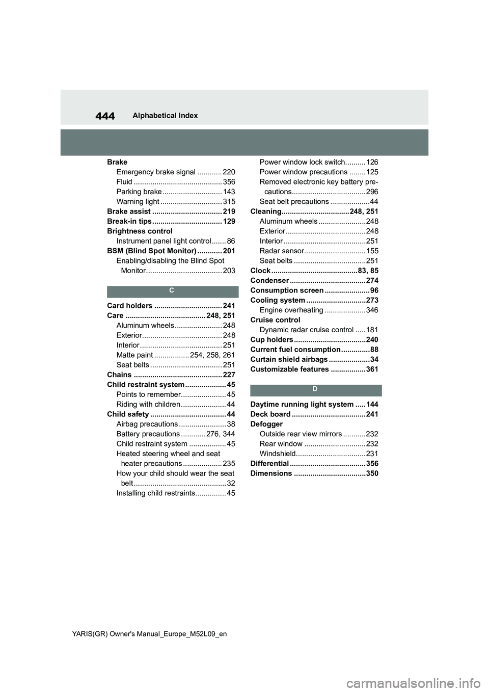 TOYOTA GR YARIS 2020  Owners Manual (in English) 444
YARIS(GR) Owners Manual_Europe_M52L09_en
Alphabetical Index
Brake
Emergency brake signal ............ 220
Fluid ........................................... 356
Parking brake .....................