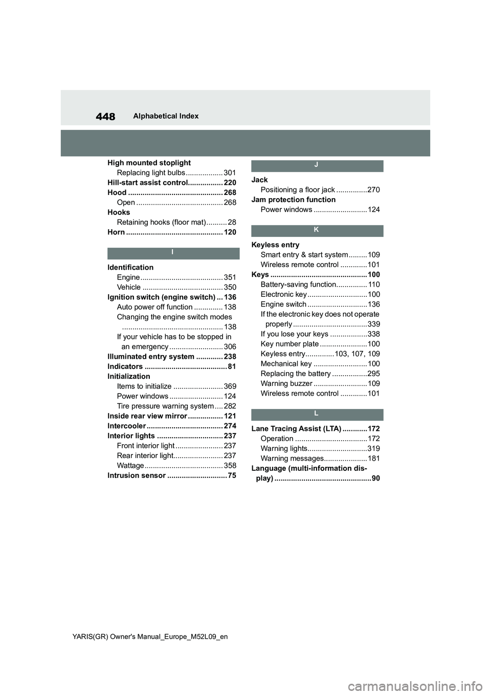 TOYOTA GR YARIS 2020  Owners Manual (in English) 448
YARIS(GR) Owners Manual_Europe_M52L09_en
Alphabetical Index
High mounted stoplight
Replacing light bulbs .................. 301
Hill-start assist control................. 220
Hood ...............