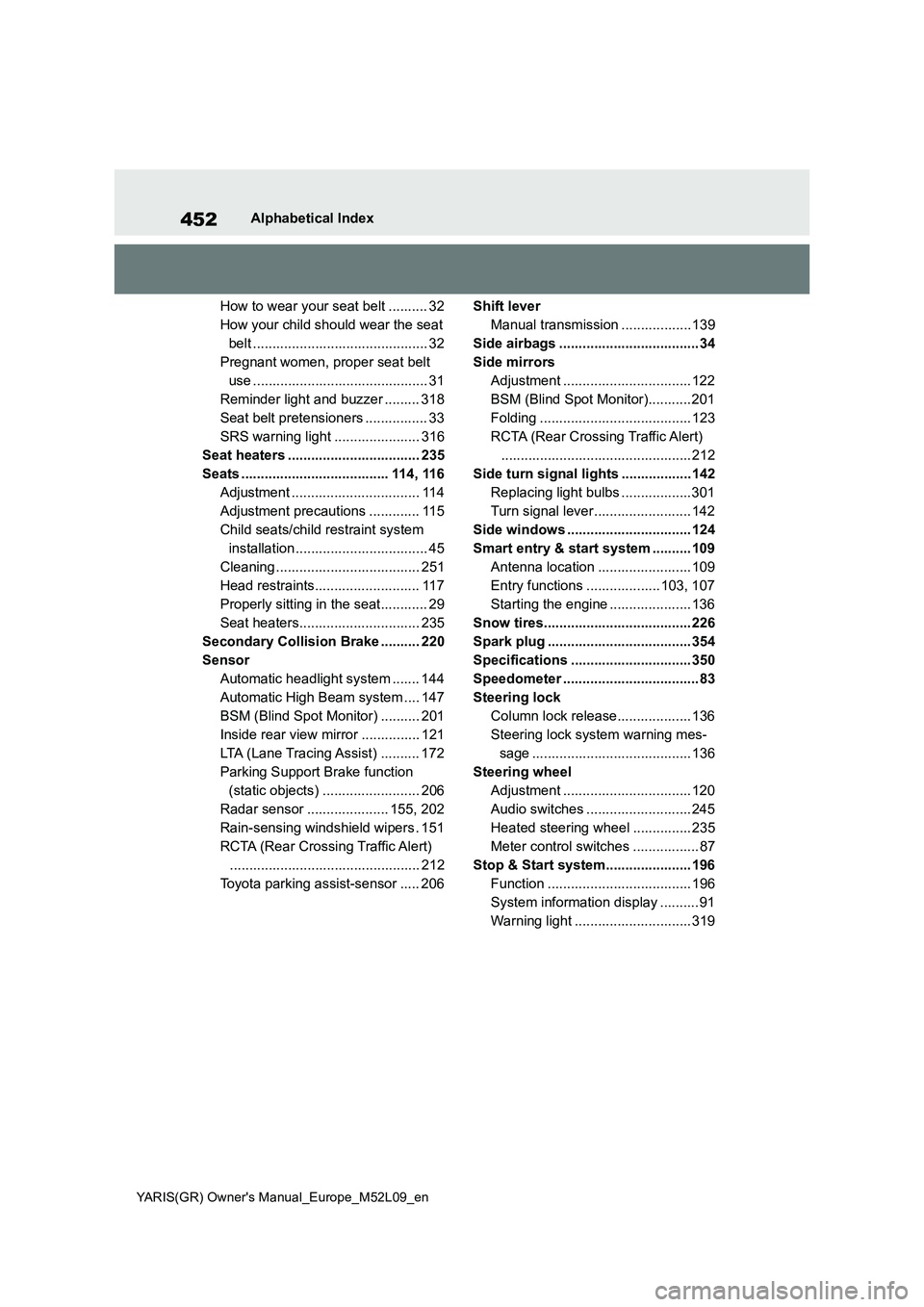 TOYOTA GR YARIS 2020 Owners Manual (in English) 452
YARIS(GR) Owners Manual_Europe_M52L09_en
Alphabetical Index
How to wear your seat belt .......... 32
How your child should wear the seat
belt ............................................. 32
Pre TOYOTA GR YARIS 2020 Owners Manual (in English) 452
YARIS(GR) Owners Manual_Europe_M52L09_en
Alphabetical Index
How to wear your seat belt .......... 32
How your child should wear the seat
belt ............................................. 32
Pre