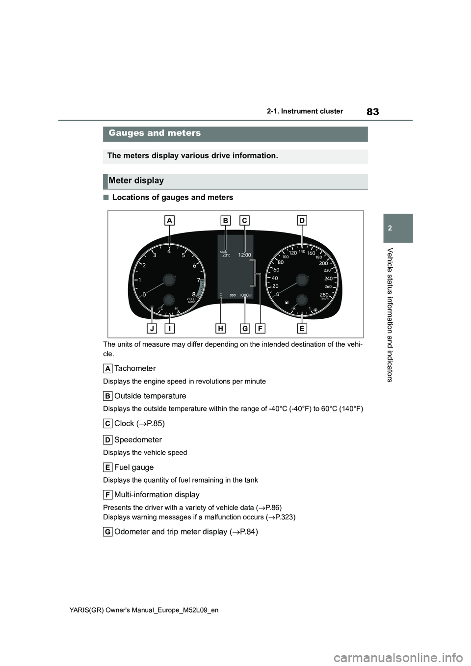 TOYOTA GR YARIS 2020 (in English) Manual Online 83
2
YARIS(GR) Owners Manual_Europe_M52L09_en
2-1. Instrument cluster
Vehicle status information and indicators
■Locations of gauges and meters
The units of measure may differ depending on the inte TOYOTA GR YARIS 2020 (in English) Manual Online 83
2
YARIS(GR) Owners Manual_Europe_M52L09_en
2-1. Instrument cluster
Vehicle status information and indicators
■Locations of gauges and meters
The units of measure may differ depending on the inte