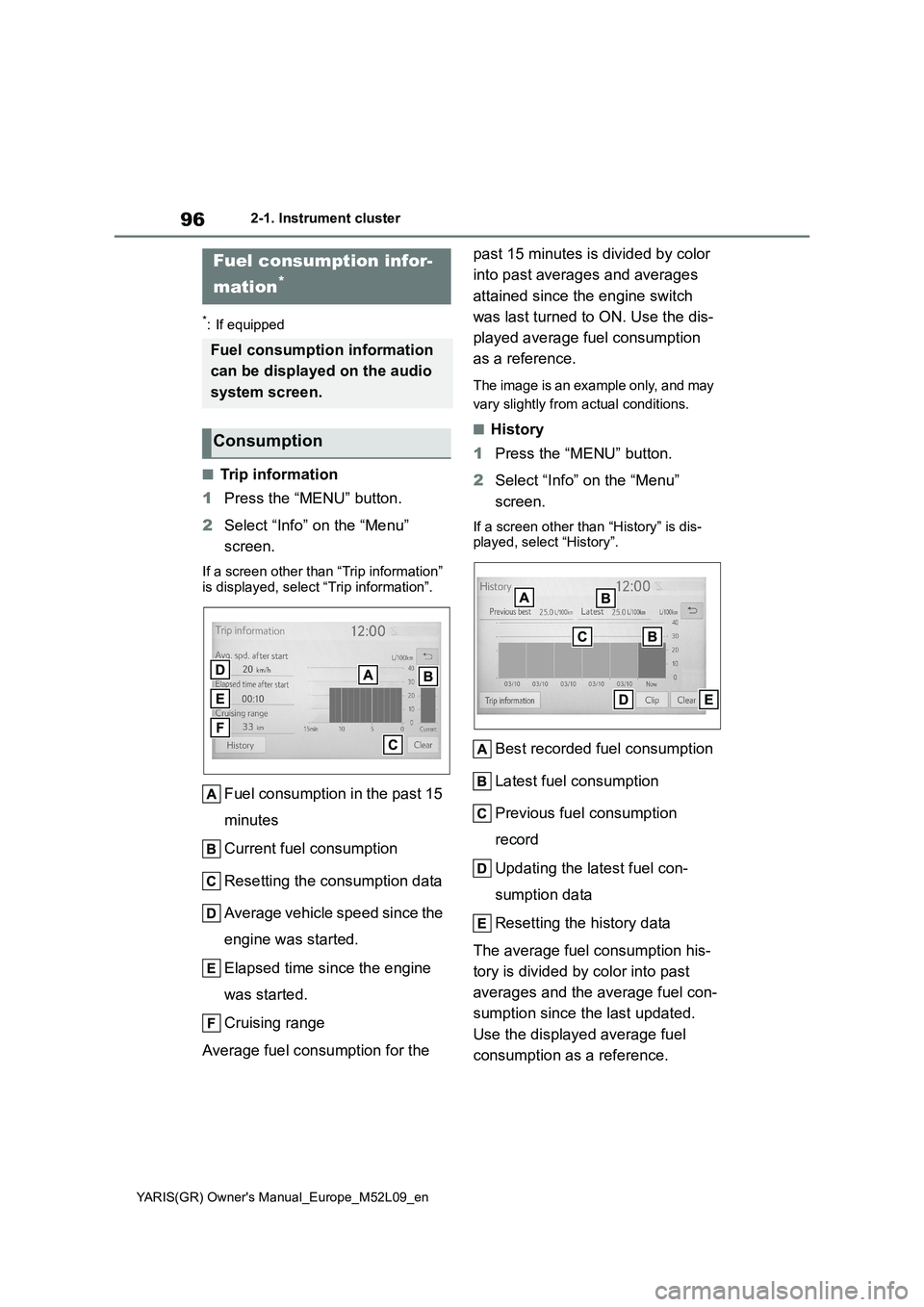 TOYOTA GR YARIS 2020 Owners Manual (in English) 96
YARIS(GR) Owners Manual_Europe_M52L09_en
2-1. Instrument cluster
*: If equipped
■Trip information
1Press the “MENU” button.
2Select “Info” on the “Menu”
screen.
If a screen other th TOYOTA GR YARIS 2020 Owners Manual (in English) 96
YARIS(GR) Owners Manual_Europe_M52L09_en
2-1. Instrument cluster
*: If equipped
■Trip information
1Press the “MENU” button.
2Select “Info” on the “Menu”
screen.
If a screen other th