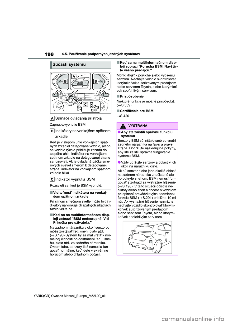 TOYOTA GR YARIS 2020 Návod na použitie (in Slovakian) 198
YARIS(GR) Owner's Manual_Europe_M52L09_sk
4-5. Používanie podporných jazdných systémov
Spínače ovládania prístroja
Zapnutie/vypnutie BSM.
Indikátory na vonkajšom spätnom
zrkadle
TOYOTA GR YARIS 2020 Návod na použitie (in Slovakian) 198
YARIS(GR) Owner's Manual_Europe_M52L09_sk
4-5. Používanie podporných jazdných systémov
Spínače ovládania prístroja
Zapnutie/vypnutie BSM.
Indikátory na vonkajšom spätnom
zrkadle