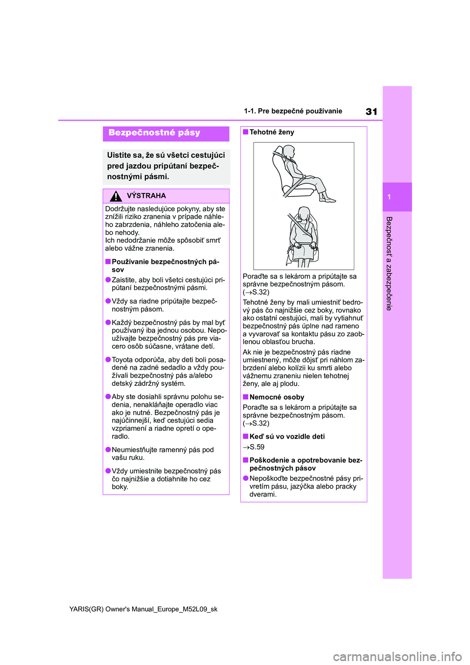 TOYOTA GR YARIS 2020  Návod na použitie (in Slovakian) 31
1
YARIS(GR) Owner's Manual_Europe_M52L09_sk
1-1. Pre bezpečné používanie
Bezpečnosť a zabezpečenie
Bezpečnostné pásy
Uistite sa, že sú všetci cestujúci  
pred jazdou pripútaní b