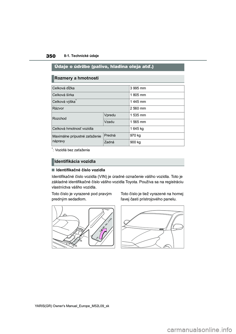 TOYOTA GR YARIS 2020 Návod na použitie (in Slovakian) 350
YARIS(GR) Owner's Manual_Europe_M52L09_sk
8-1. Technické údaje
8-1.Technické údaje
*: Vozidlá bez zaťaženia
■Identifikačné číslo vozidla
Identifikačné číslo vozidla (VIN) je TOYOTA GR YARIS 2020 Návod na použitie (in Slovakian) 350
YARIS(GR) Owner's Manual_Europe_M52L09_sk
8-1. Technické údaje
8-1.Technické údaje
*: Vozidlá bez zaťaženia
■Identifikačné číslo vozidla
Identifikačné číslo vozidla (VIN) je