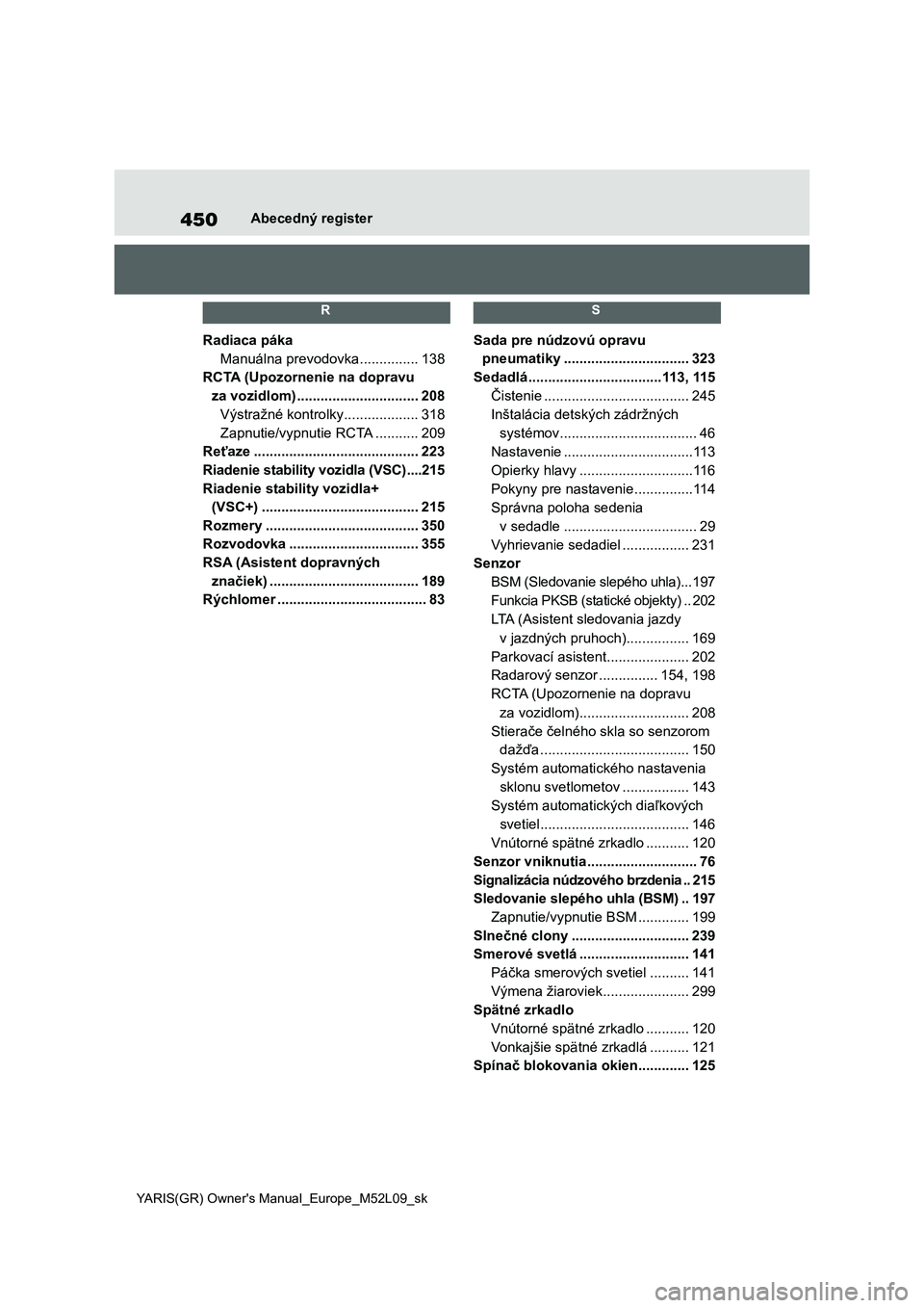 TOYOTA GR YARIS 2020  Návod na použitie (in Slovakian) 450
YARIS(GR) Owner's Manual_Europe_M52L09_sk
Abecedný register
 R 
Radiaca páka
Manuálna prevodovka ...............138
RCTA (Upozornenie na dopravu  
za vozidlom) .............................