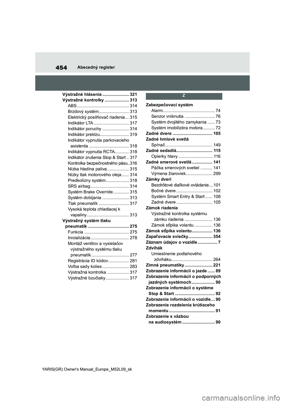 TOYOTA GR YARIS 2020  Návod na použitie (in Slovakian) 454
YARIS(GR) Owner's Manual_Europe_M52L09_sk
Abecedný register
Výstražné hlásenia ......................321
Výstražné kontrolky ....................313
ABS ...............................