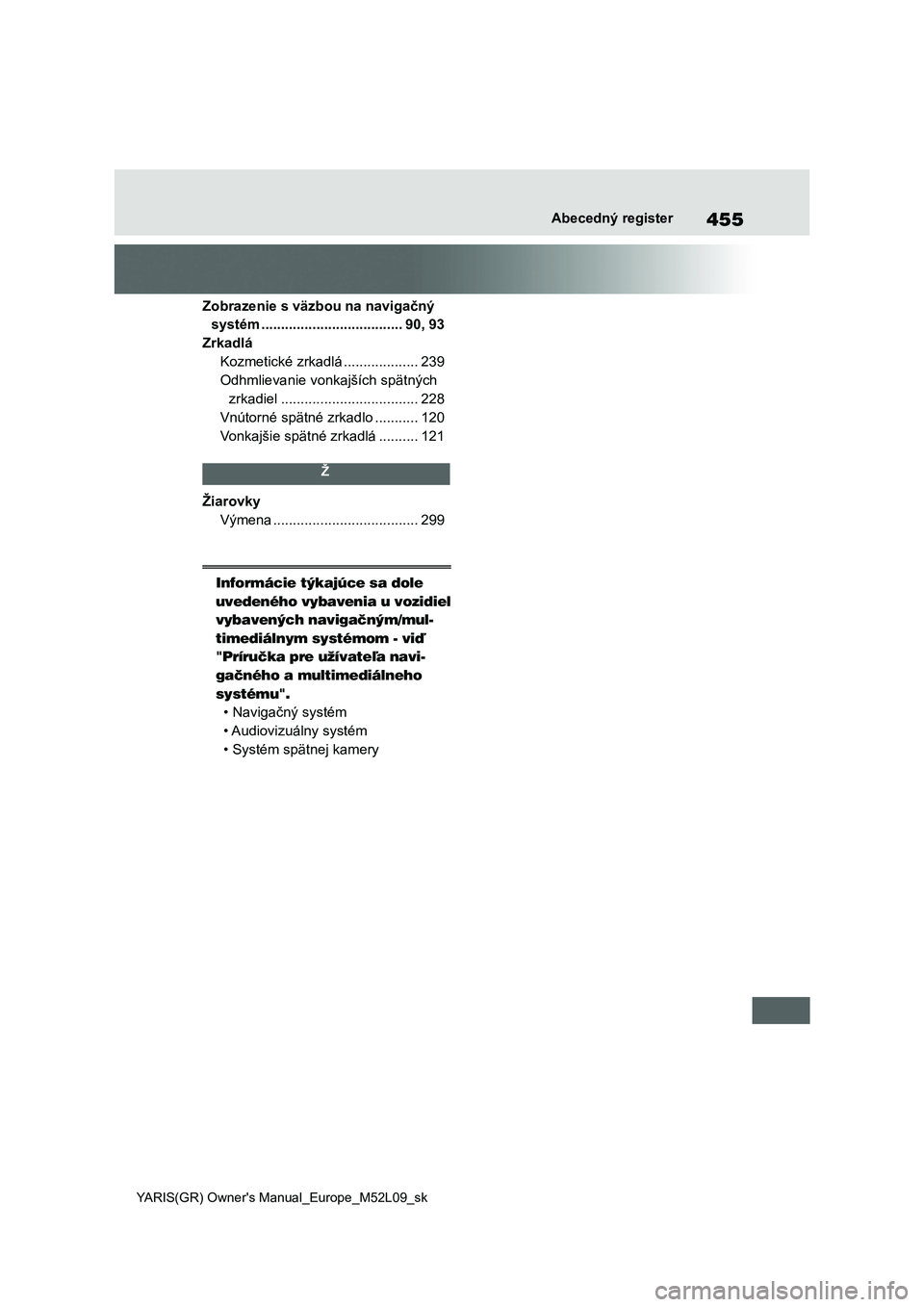 TOYOTA GR YARIS 2020  Návod na použitie (in Slovakian) 455
YARIS(GR) Owner's Manual_Europe_M52L09_sk
Abecedný register
Zobrazenie s väzbou na navigačný 
systém ....................................90, 93
Zrkadlá
Kozmetické zrkadlá .............