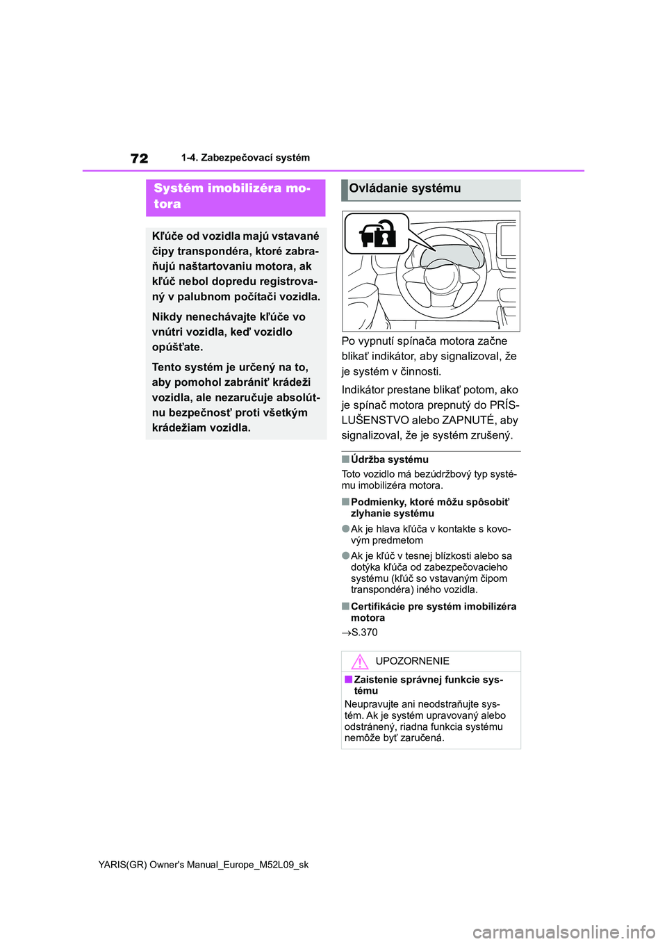 TOYOTA GR YARIS 2020  Návod na použitie (in Slovakian) 72
YARIS(GR) Owner's Manual_Europe_M52L09_sk
1-4. Zabezpečovací systém
1-4.Zabezpečovací systém
Po vypnutí spínača motora začne  
blikať indikátor, aby signalizoval, že 
je systém v 