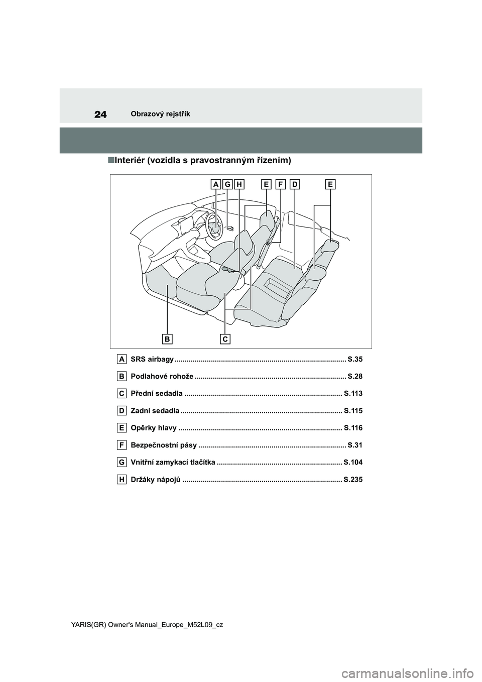 TOYOTA GR YARIS 2020  Návod na použití (in Czech) 24
YARIS(GR) Owner's Manual_Europe_M52L09_cz
Obrazový rejstřík
■Interiér (vozidla s pravostranným řízením)
SRS airbagy ...................................................................