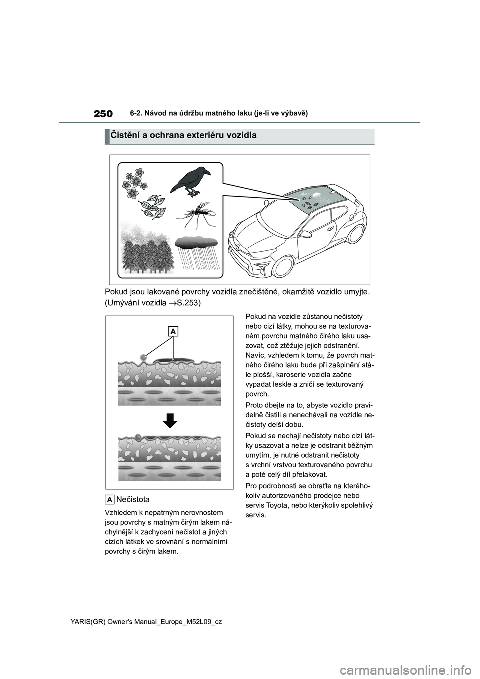 TOYOTA GR YARIS 2020  Návod na použití (in Czech) 250
YARIS(GR) Owner's Manual_Europe_M52L09_cz
6-2. Návod na údržbu matného laku (je-li ve výbavě)
Pokud jsou lakované povrchy vozidla znečištěné, okamžitě vozidlo umyjte.  
(Umýván