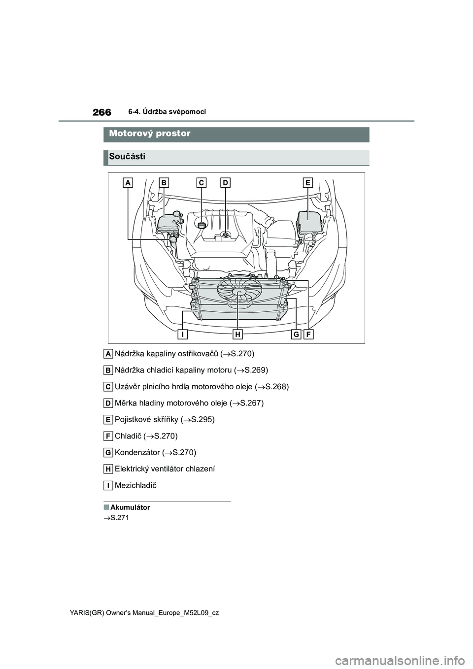 TOYOTA GR YARIS 2020  Návod na použití (in Czech) 266
YARIS(GR) Owner's Manual_Europe_M52L09_cz
6-4. Údržba svépomocí
Nádržka kapaliny ostřikovačů (S.270) 
Nádržka chladicí k apaliny motoru (S.269) 
Uzávěr plnicího hrdla moto