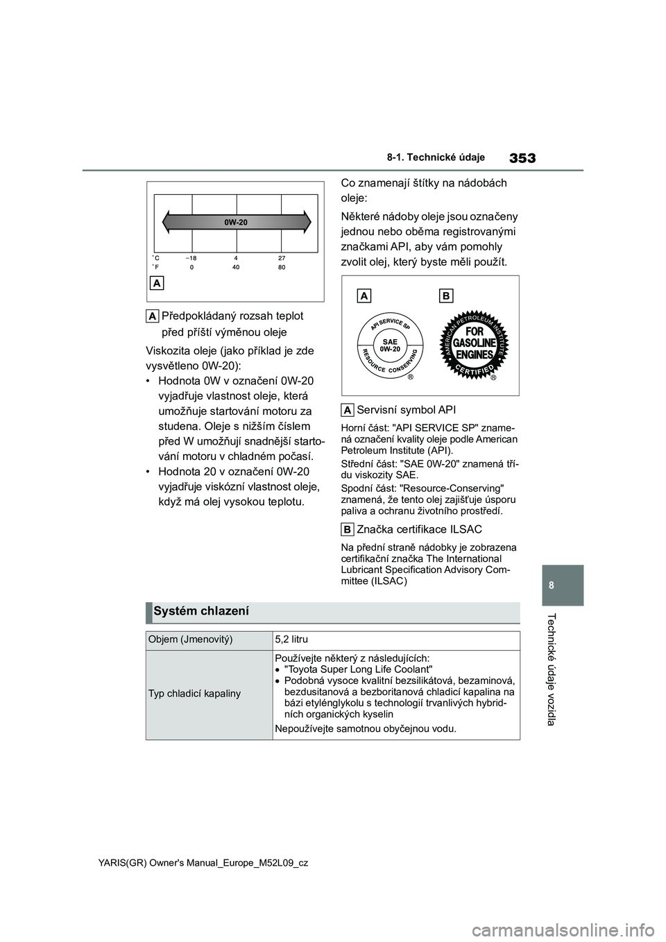 TOYOTA GR YARIS 2020  Návod na použití (in Czech) 353
8
YARIS(GR) Owner's Manual_Europe_M52L09_cz
8-1. Technické údaje
Technické údaje vozidla
Předpokládaný rozsah teplot  
před příští výměnou oleje 
Viskozita oleje (ja ko příklad
