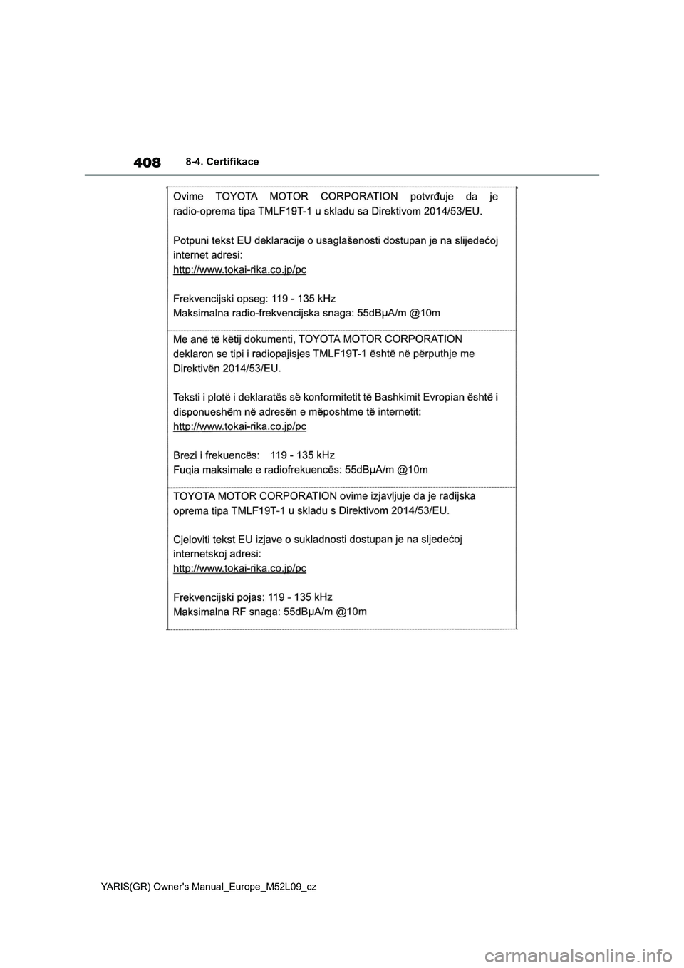 TOYOTA GR YARIS 2020  Návod na použití (in Czech) 408
YARIS(GR) Owner's Manual_Europe_M52L09_cz
8-4. Certifikace 
