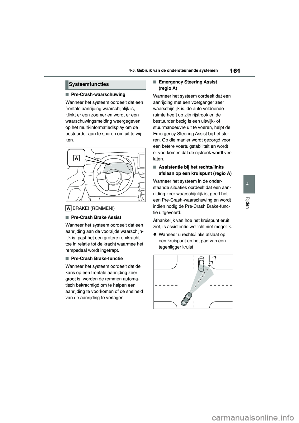 TOYOTA GR YARIS 2020  Instructieboekje (in Dutch) 161
4
YARIS(GR) handleiding_Europa_M52L09_nl
4-5. Gebruik van de ondersteunende systemen
Rijden
■Pre-Crash-waarschuwing
Wanneer het systeem oordeelt dat een 
frontale aanrijding waarschijnlijk is, 
