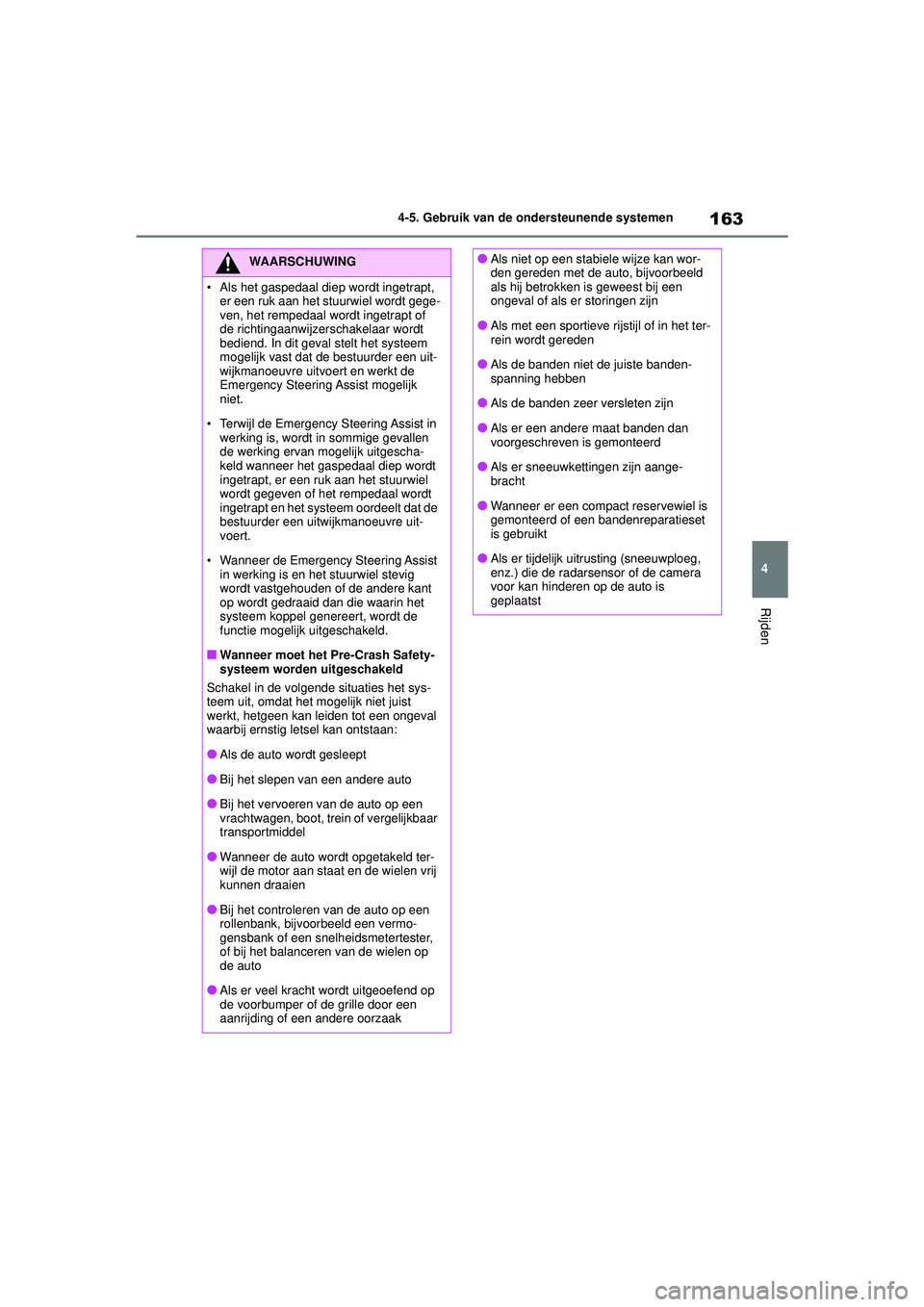 TOYOTA GR YARIS 2020  Instructieboekje (in Dutch) 163
4
YARIS(GR) handleiding_Europa_M52L09_nl
4-5. Gebruik van de ondersteunende systemen
Rijden
WAARSCHUWING
• Als het gaspedaal diep wordt ingetrapt, er een ruk aan het stuurwiel wordt gege-
ven, h