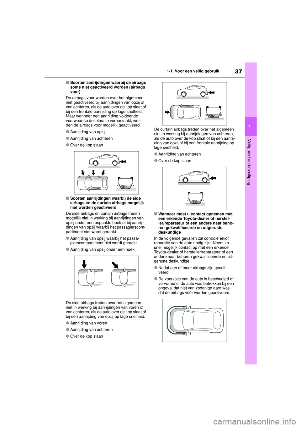 TOYOTA GR YARIS 2020 Instructieboekje (in Dutch) 37
1
YARIS(GR) handleiding_Europa_M52L09_nl
1-1. Voor een veilig gebruik
Veiligheid en beveiliging
■Soorten aanrijdingen waarbij de airbags
soms niet geactiveerd worden (airbags
voor)
De airbags v TOYOTA GR YARIS 2020 Instructieboekje (in Dutch) 37
1
YARIS(GR) handleiding_Europa_M52L09_nl
1-1. Voor een veilig gebruik
Veiligheid en beveiliging
■Soorten aanrijdingen waarbij de airbags
soms niet geactiveerd worden (airbags
voor)
De airbags v