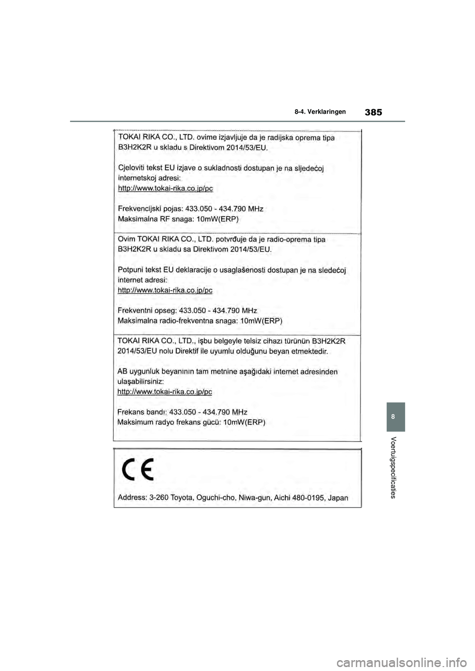 TOYOTA GR YARIS 2020  Instructieboekje (in Dutch) 385
8
YARIS(GR) handleiding_Europa_M52L09_nl
8-4. Verklaringen
Voertuigspecificaties
GR_Yaris_OM_Europe_OM52L09E.book  Page 385  Thursday, August 27, 2020  1:58 PM 