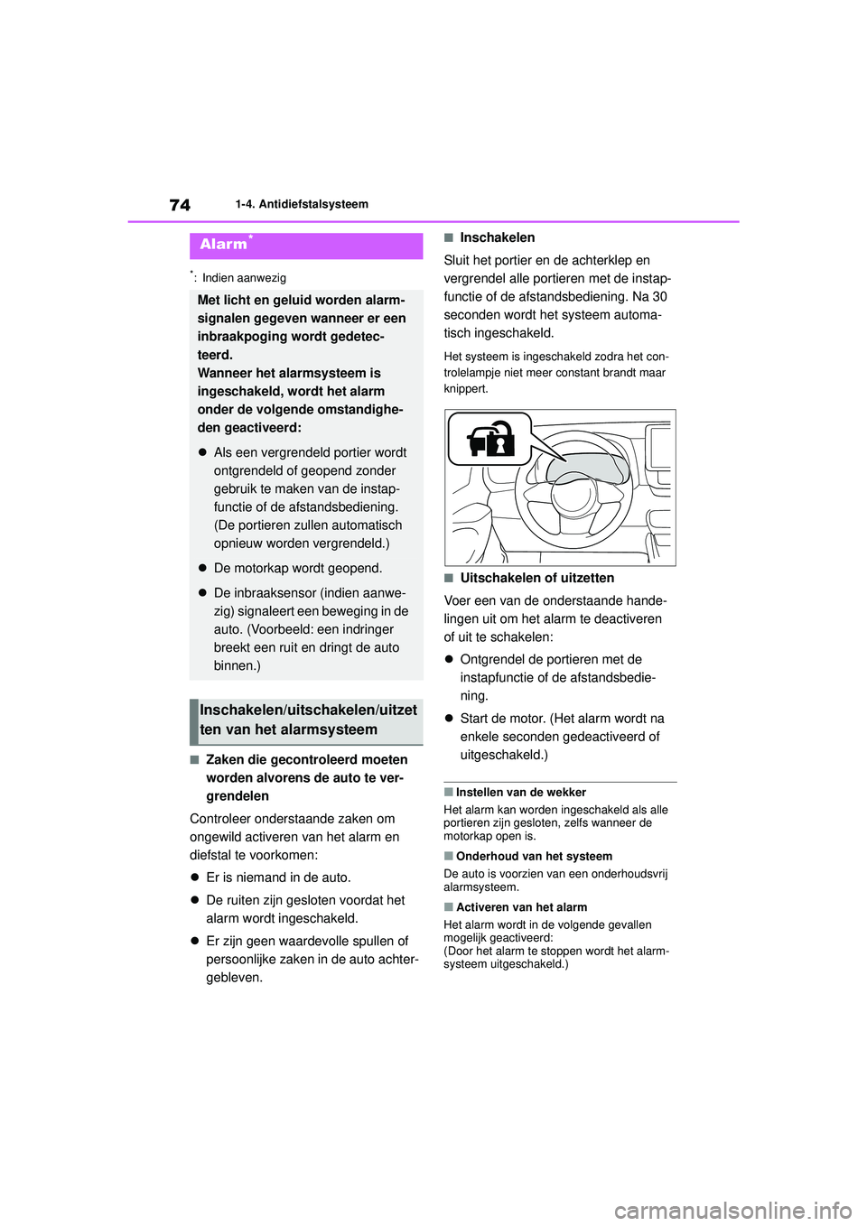 TOYOTA GR YARIS 2020 Instructieboekje (in Dutch) 74
YARIS(GR) handleiding_Europa_M52L09_nl
1-4. Antidiefstalsysteem
*: Indien aanwezig
■Zaken die gecontroleerd moeten
worden alvorens de auto te ver-
grendelen
Controleer onderstaande zaken om
ong TOYOTA GR YARIS 2020 Instructieboekje (in Dutch) 74
YARIS(GR) handleiding_Europa_M52L09_nl
1-4. Antidiefstalsysteem
*: Indien aanwezig
■Zaken die gecontroleerd moeten
worden alvorens de auto te ver-
grendelen
Controleer onderstaande zaken om
ong