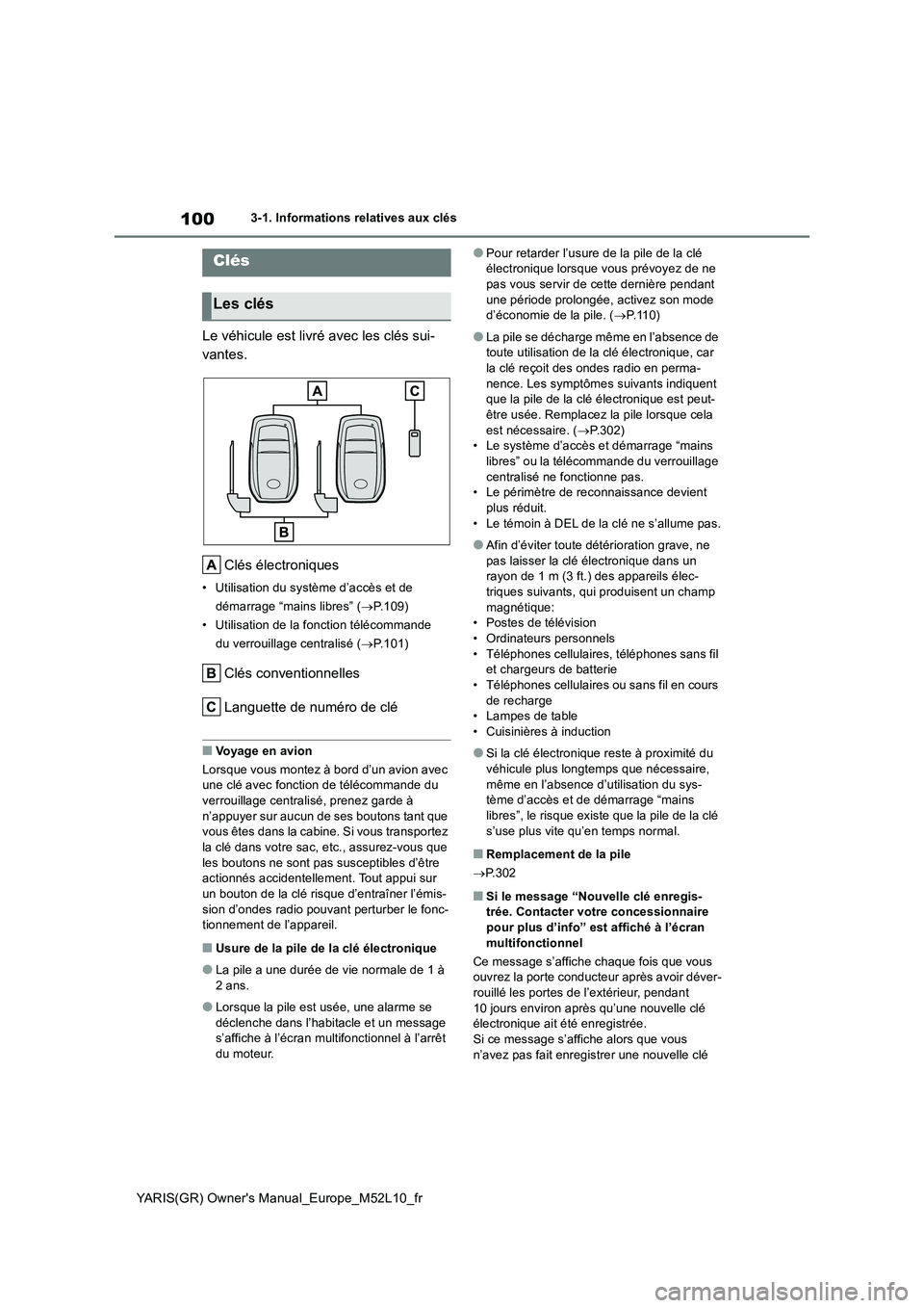 TOYOTA GR YARIS 2020  Notices Demploi (in French) 100
YARIS(GR) Owners Manual_Europe_M52L10_fr
3-1. Informations relatives aux clés
3-1.In formations  relative s aux clés
Le véhicule est livré avec les clés sui- 
vantes. 
Clés électroniques
�