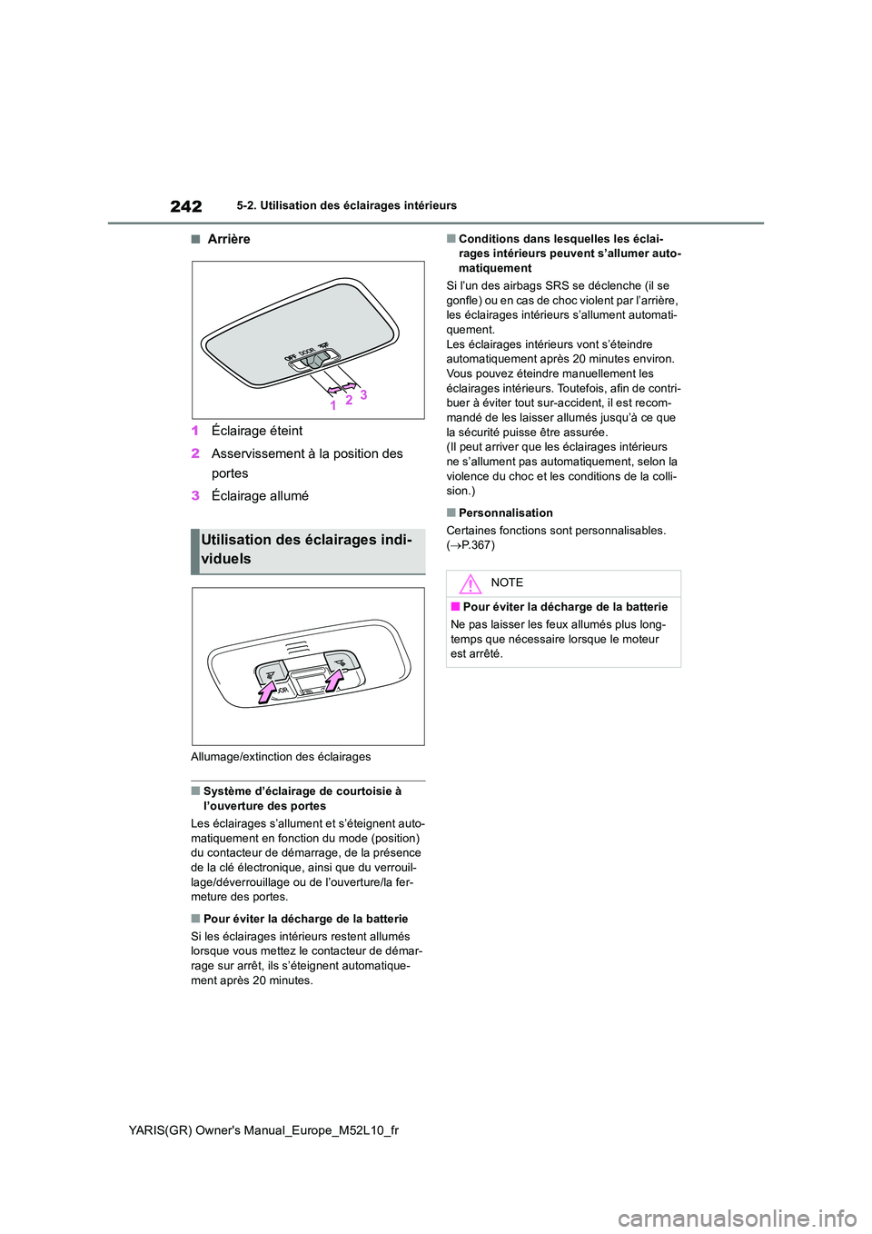 TOYOTA GR YARIS 2020  Notices Demploi (in French) 242
YARIS(GR) Owners Manual_Europe_M52L10_fr
5-2. Utilisation des éclairages intérieurs
■Arrière 
1 Éclairage éteint 
2 Asservissement à la position des  
portes 
3 Éclairage allumé
Allumag