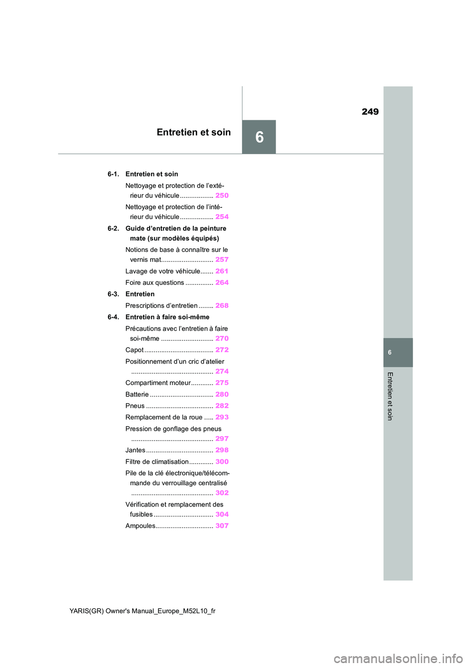 TOYOTA GR YARIS 2020  Notices Demploi (in French) 6
249
YARIS(GR) Owners Manual_Europe_M52L10_fr
6
Entretien et soin
Entretien et soin
6-1. Entretien et soin 
Nettoyage et protection de l’exté- 
rieur du véhicule .................. 250 
Nettoyag