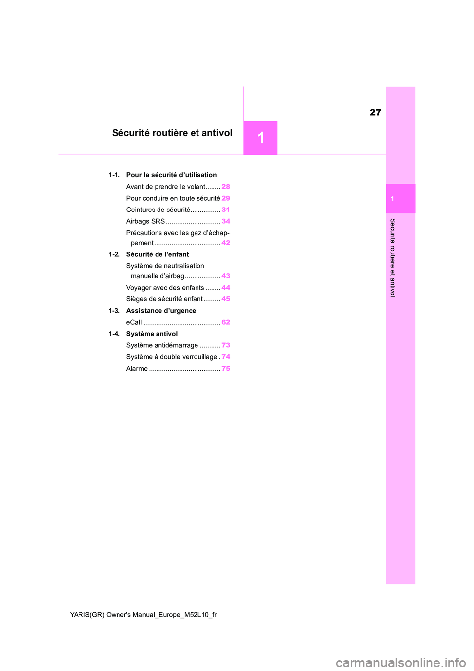TOYOTA GR YARIS 2020  Notices Demploi (in French) 1
27
YARIS(GR) Owners Manual_Europe_M52L10_fr
1
Sécurité routière et antivol
Sécurité routière et antivol
1-1. Pour la sécurité d’utilisation 
Avant de prendre le volant........ 28 
Pour co
