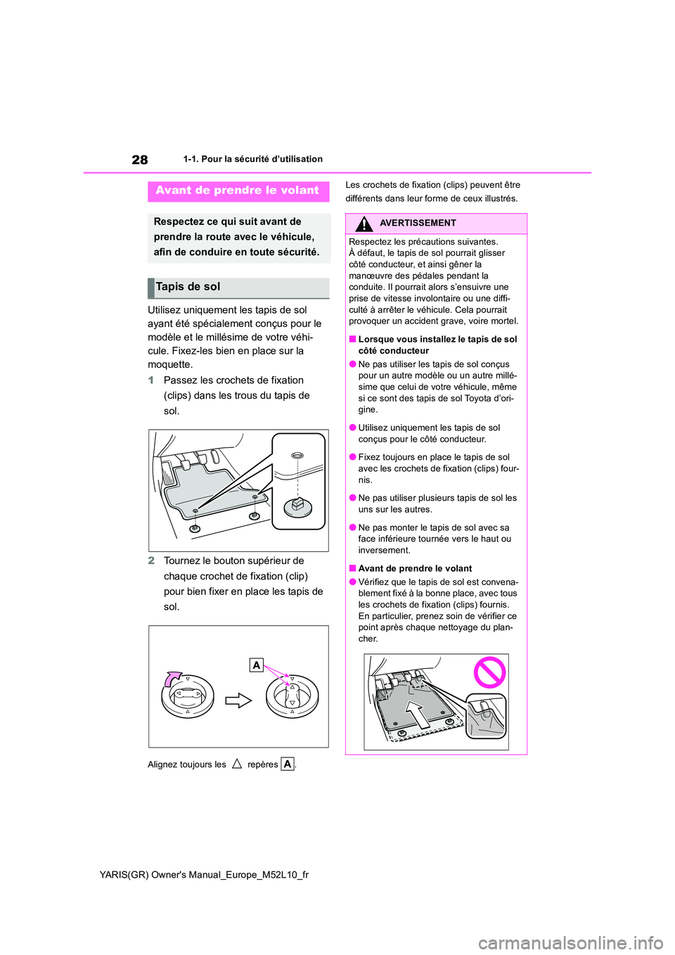 TOYOTA GR YARIS 2020  Notices Demploi (in French) 28
YARIS(GR) Owners Manual_Europe_M52L10_fr
1-1. Pour la sécurité d’utilisation
1-1.Pour la  séc urité d ’utilisation
Utilisez uniquement les tapis de sol  
ayant été spécialement conçus 