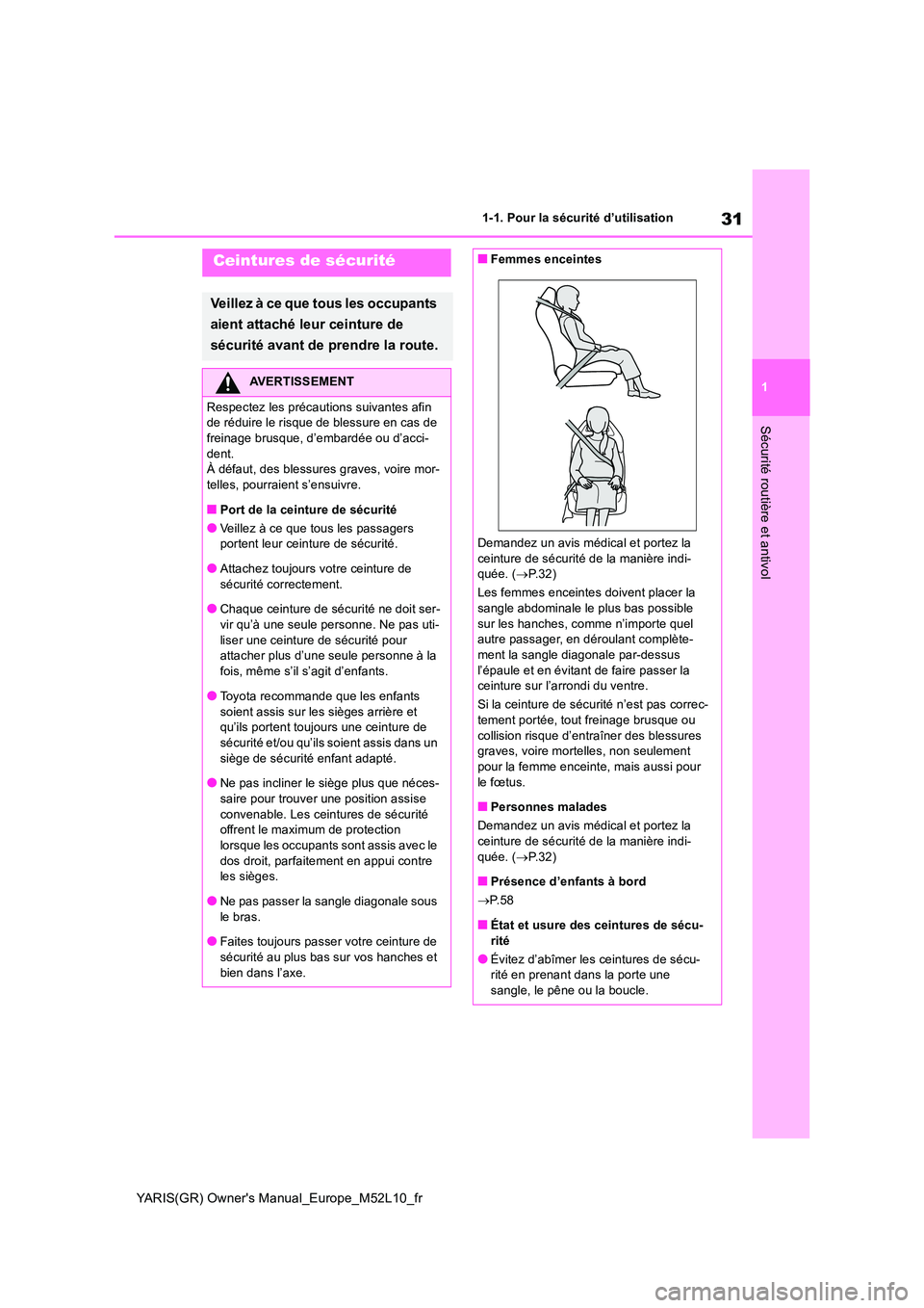 TOYOTA GR YARIS 2020 Notices Demploi (in French) 31
1
YARIS(GR) Owners Manual_Europe_M52L10_fr
1-1. Pour la sécurité d’utilisation
Sécurité routière et antivol
Ceintures de sécurité
Veillez à ce que tous les occupants
aient attaché leu TOYOTA GR YARIS 2020 Notices Demploi (in French) 31
1
YARIS(GR) Owners Manual_Europe_M52L10_fr
1-1. Pour la sécurité d’utilisation
Sécurité routière et antivol
Ceintures de sécurité
Veillez à ce que tous les occupants
aient attaché leu
