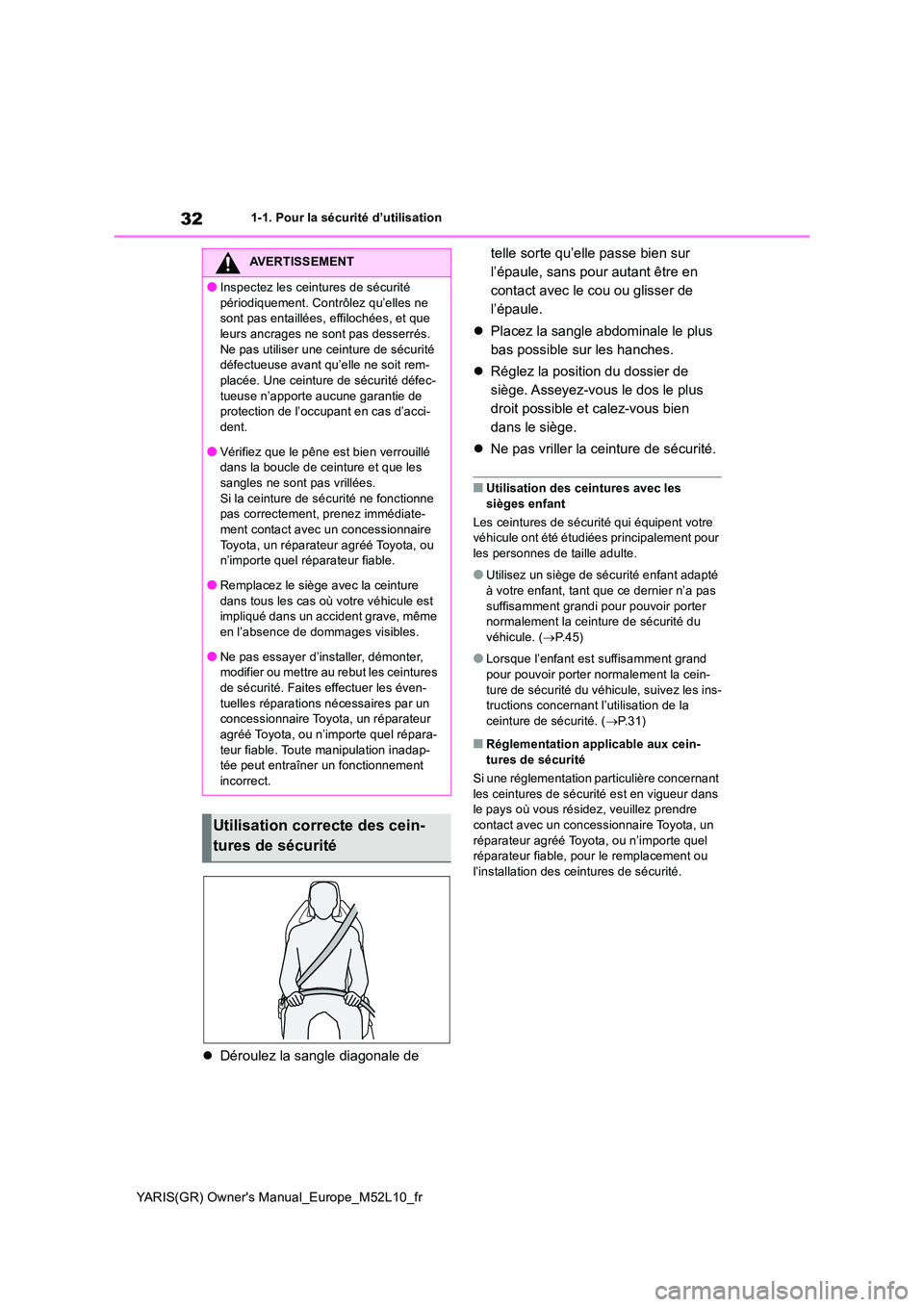 TOYOTA GR YARIS 2020  Notices Demploi (in French) 32
YARIS(GR) Owners Manual_Europe_M52L10_fr
1-1. Pour la sécurité d’utilisation
�zDéroulez la sangle diagonale de  
telle sorte qu’elle passe bien sur  
l’épaule, sans pour autant être en 