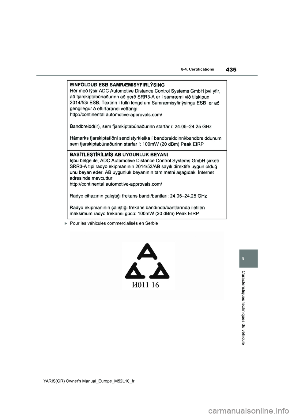 TOYOTA GR YARIS 2020 Notices Demploi (in French) 435
8
YARIS(GR) Owners Manual_Europe_M52L10_fr
8-4. Certifications
Caractéristiques techniques du véhicule
Pour les véhicules commercialisés en Serbie TOYOTA GR YARIS 2020 Notices Demploi (in French) 435
8
YARIS(GR) Owners Manual_Europe_M52L10_fr
8-4. Certifications
Caractéristiques techniques du véhicule
Pour les véhicules commercialisés en Serbie