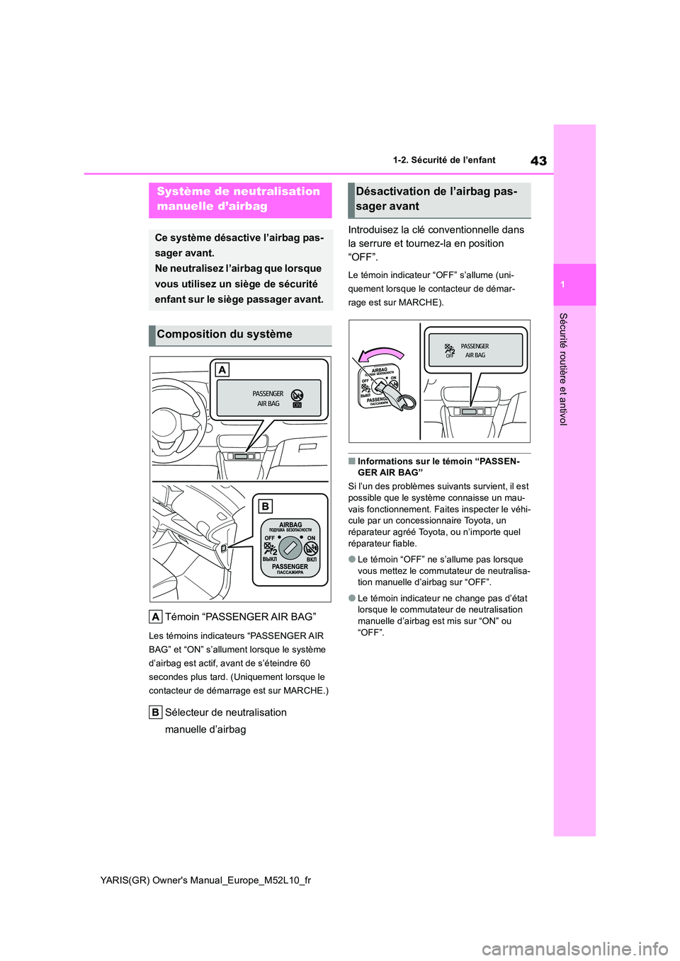 TOYOTA GR YARIS 2020  Notices Demploi (in French) 43
1
YARIS(GR) Owners Manual_Europe_M52L10_fr
1-2. Sécurité de l’enfant
Sécurité routière et antivol
1-2.Sécu rité  de  l’e nfa nt
Témoin “PASSENGER AIR BAG”
Les témoins indicateurs 