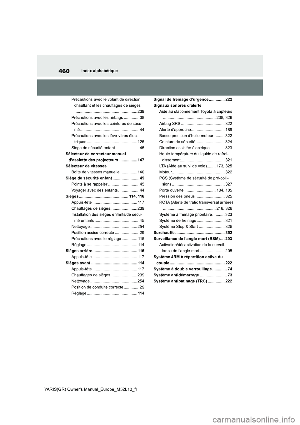 TOYOTA GR YARIS 2020  Notices Demploi (in French) 460
YARIS(GR) Owners Manual_Europe_M52L10_fr
Index alphabétique 
Précautions avec le volant de direction  
chauffant et les chauffages de sièges
...................................................