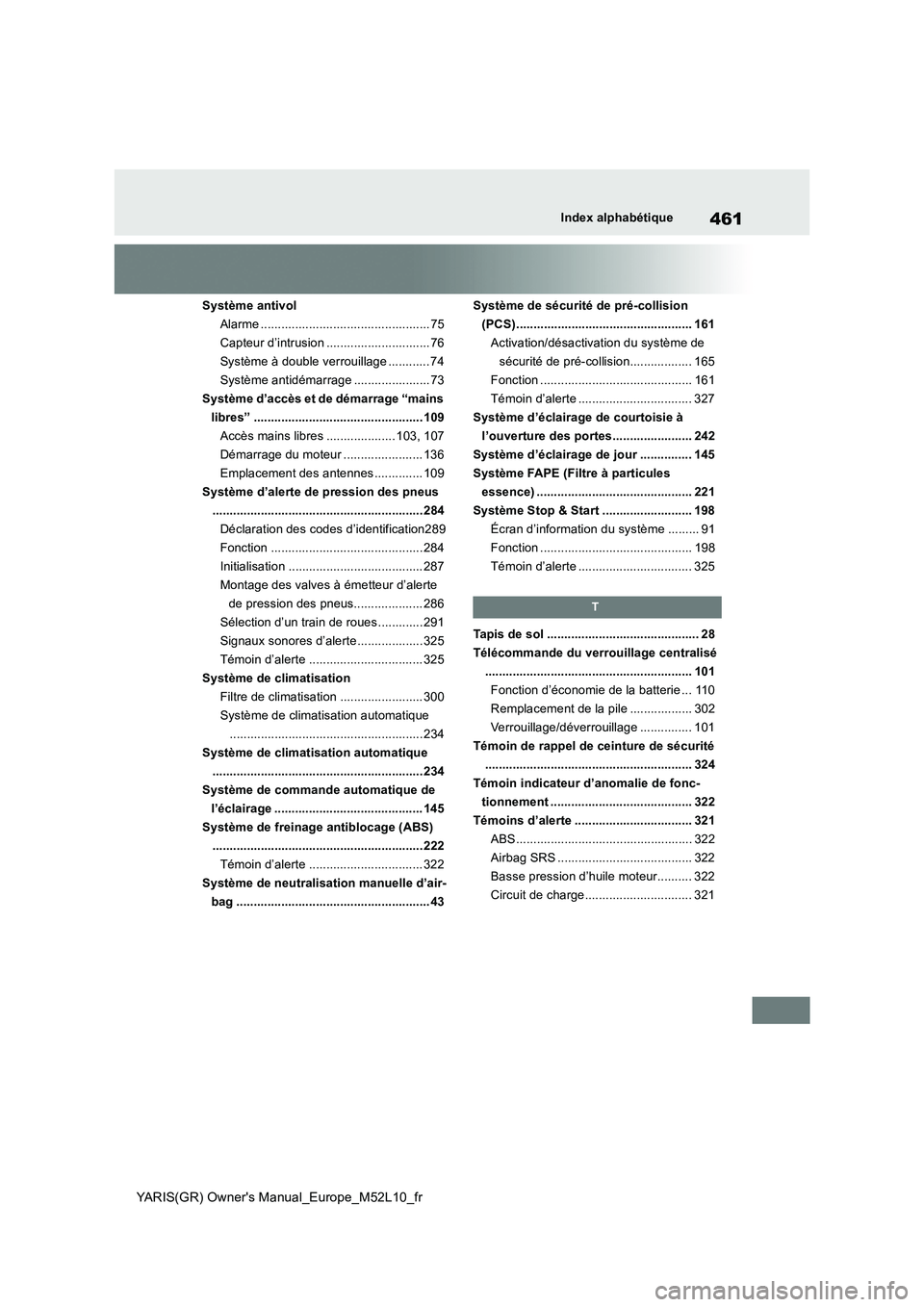 TOYOTA GR YARIS 2020  Notices Demploi (in French) 461
YARIS(GR) Owners Manual_Europe_M52L10_fr
Index alphabétique
Système antivol 
Alarme ................................................. 75
Capteur d’intrusion .............................. 76
