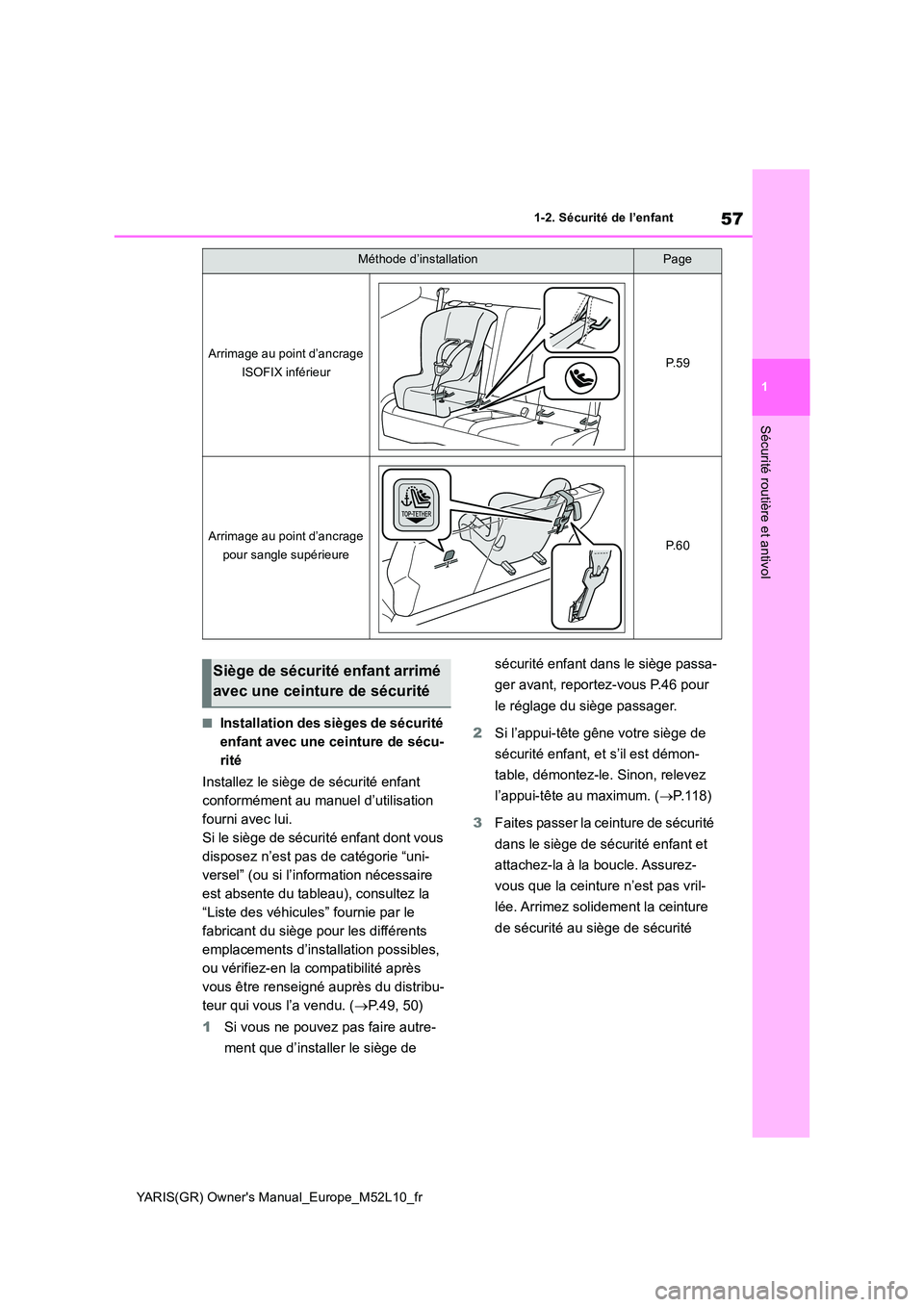 TOYOTA GR YARIS 2020  Notices Demploi (in French) 57
1
YARIS(GR) Owners Manual_Europe_M52L10_fr
1-2. Sécurité de l’enfant
Sécurité routière et antivol
■Installation des sièges de sécurité  
enfant avec une ceinture de sécu-
rité 
Insta