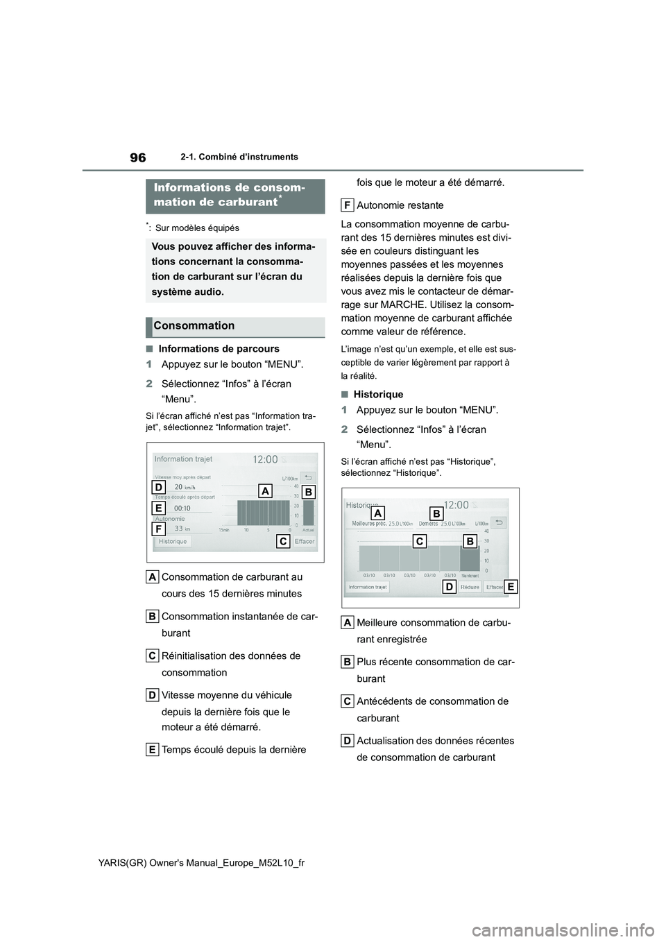 TOYOTA GR YARIS 2020  Notices Demploi (in French) 96
YARIS(GR) Owners Manual_Europe_M52L10_fr
2-1. Combiné d’instruments
*: Sur modèles équipés
■Informations de parcours 
1 Appuyez sur le bouton “MENU”. 
2 Sélectionnez “Infos” à l�