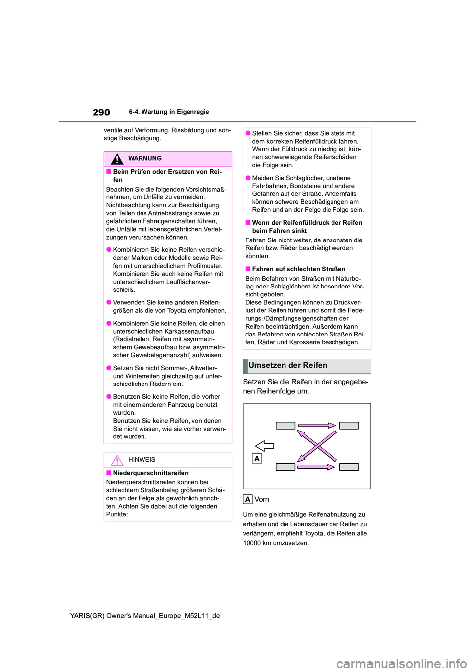 TOYOTA GR YARIS 2020 Betriebsanleitungen (in German) 290
YARIS(GR) Owners Manual_Europe_M52L11_de
6-4. Wartung in Eigenregie
ventile auf Verformung, Rissbildung und son- stige Beschädigung.
Setzen Sie die Reifen in der angegebe-
nen Reihenfolge um. TOYOTA GR YARIS 2020 Betriebsanleitungen (in German) 290
YARIS(GR) Owners Manual_Europe_M52L11_de
6-4. Wartung in Eigenregie
ventile auf Verformung, Rissbildung und son- stige Beschädigung.
Setzen Sie die Reifen in der angegebe-
nen Reihenfolge um.